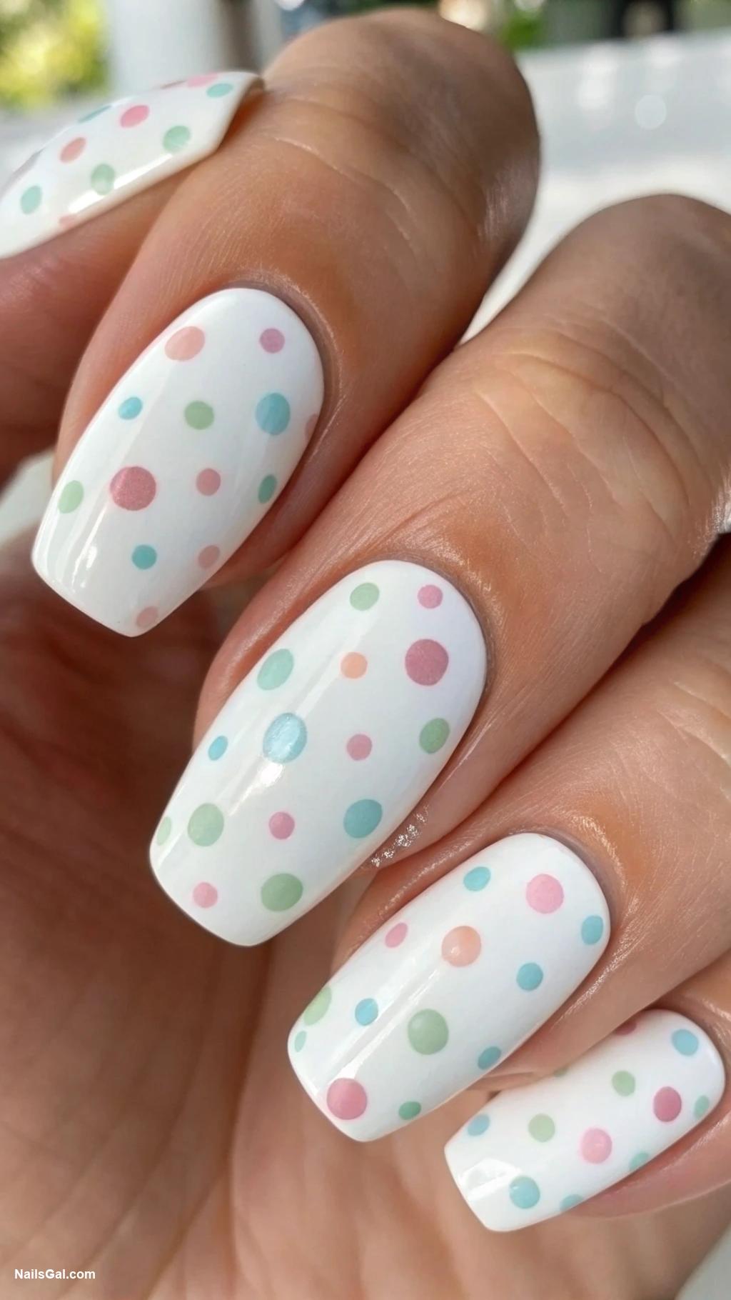 white nails Polka dots in different sizes
