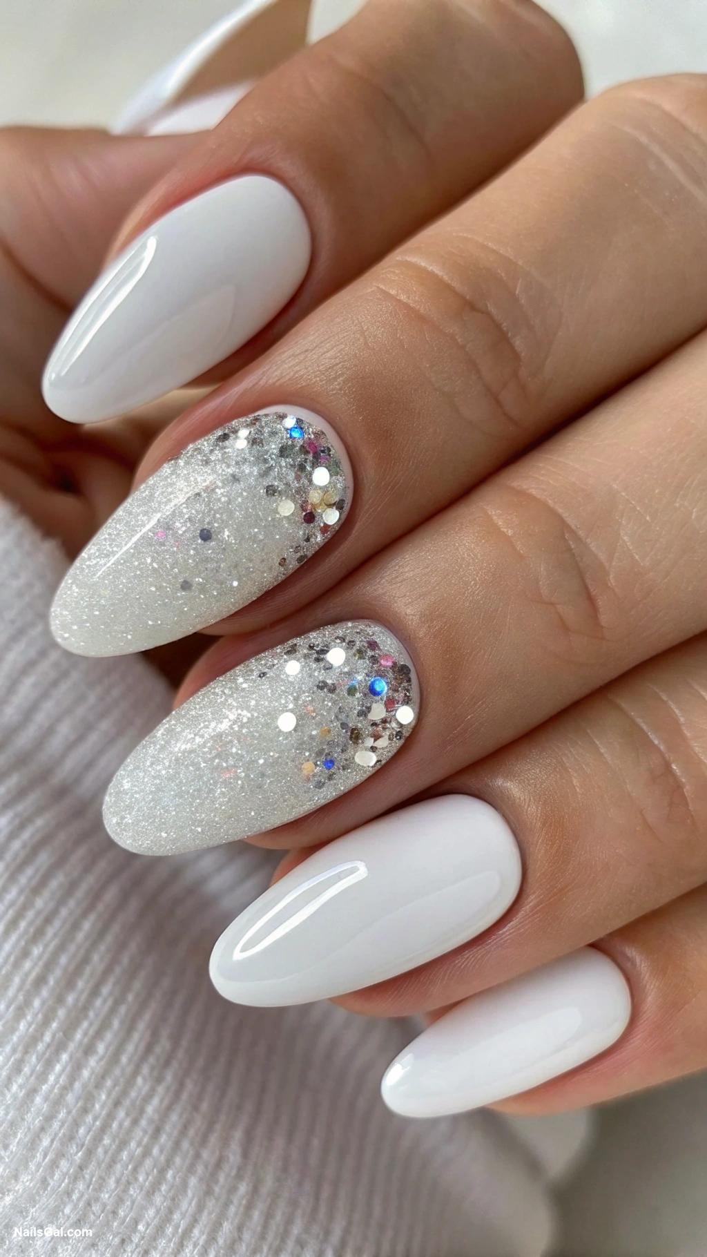 white nails Sparkly glitter over solid white