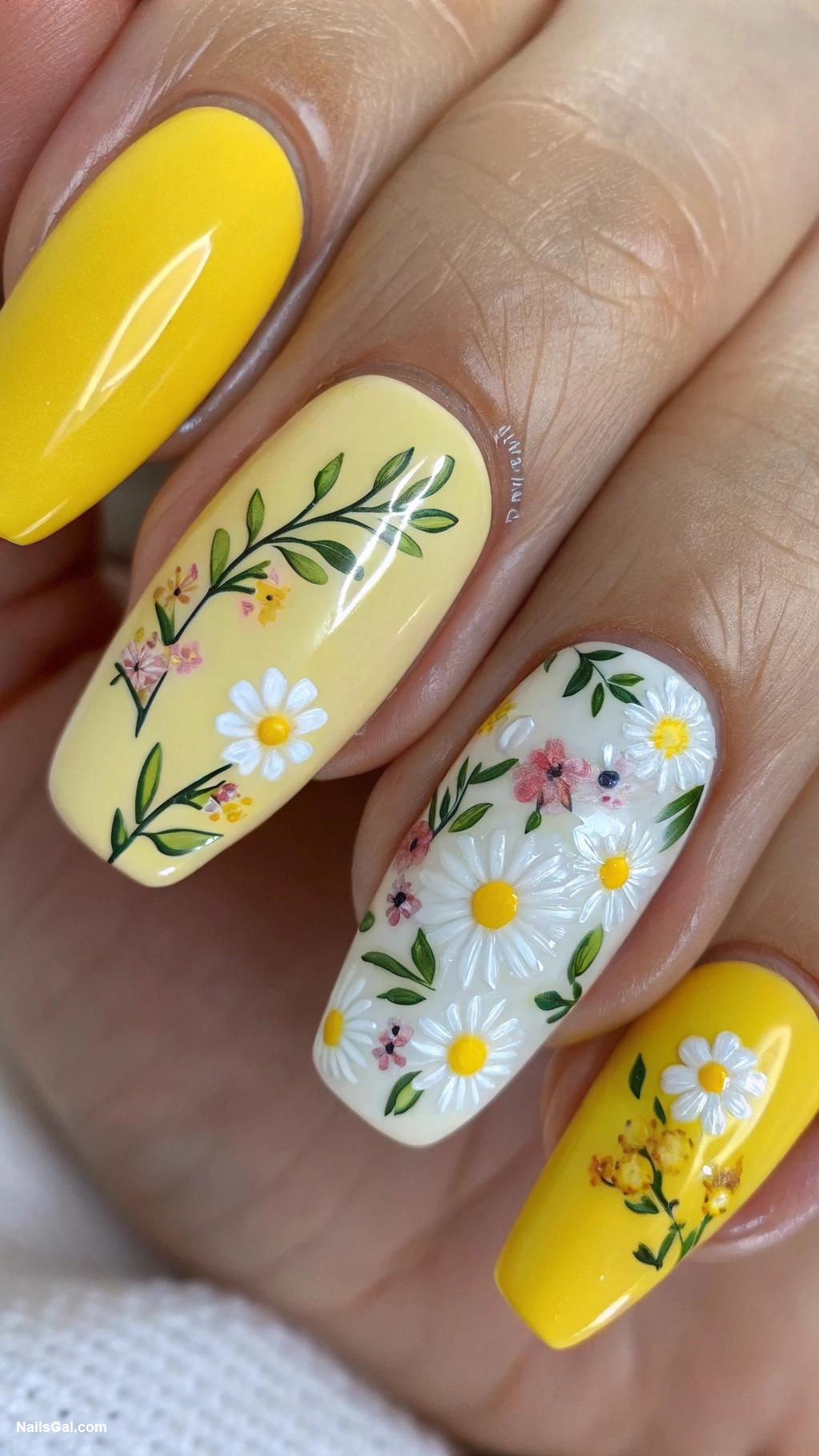 yellow nails Floral designs on sunny yellow base