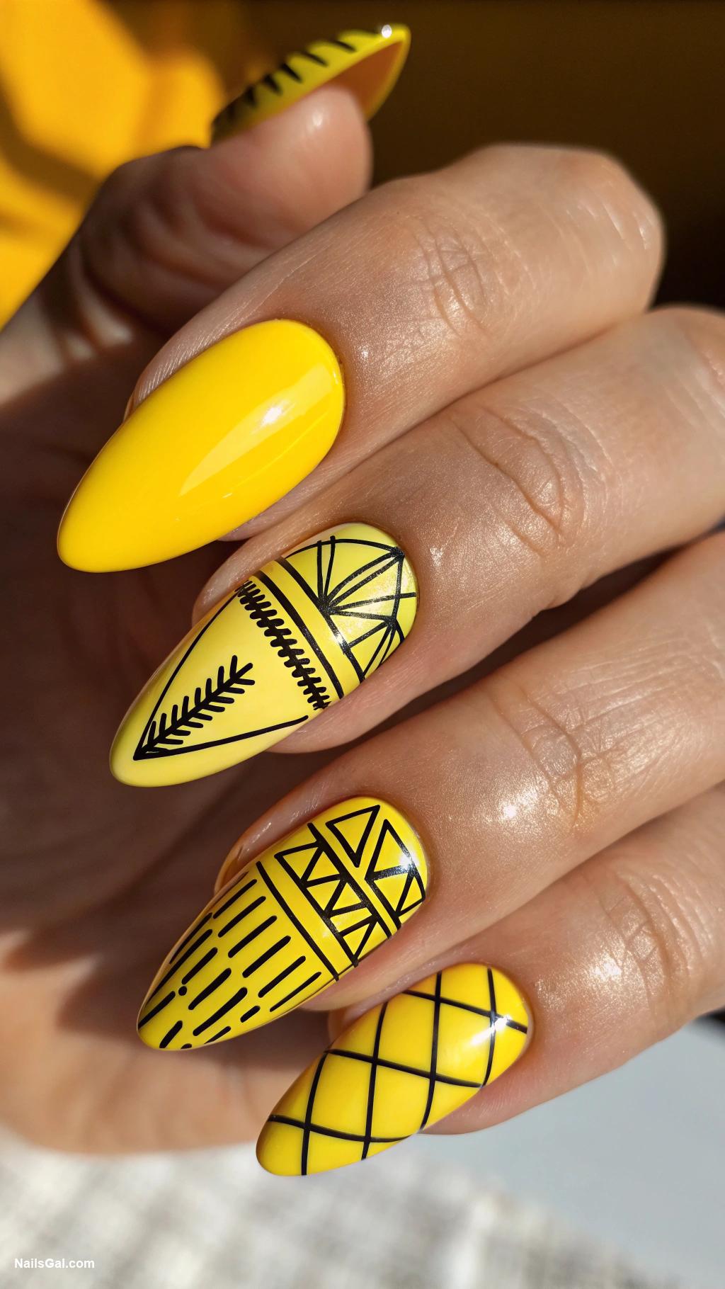 yellow nails Geometric patterns in bright yellow