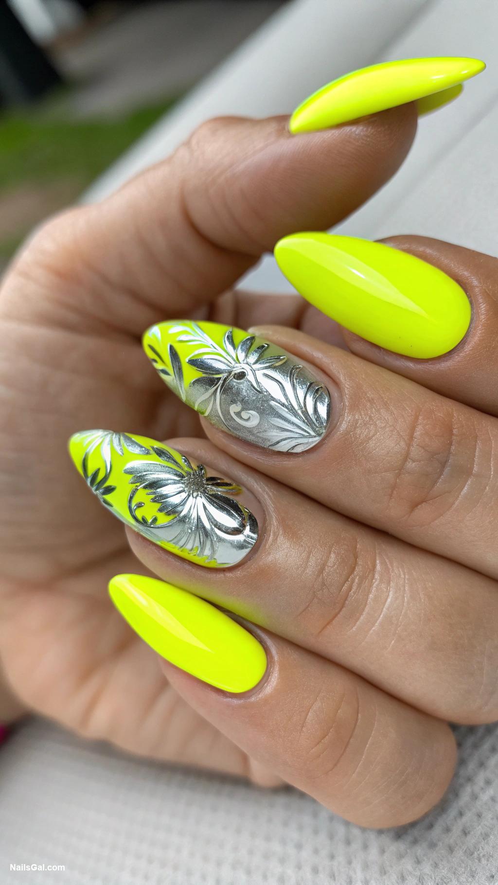 yellow nails Neon yellow with silver foil