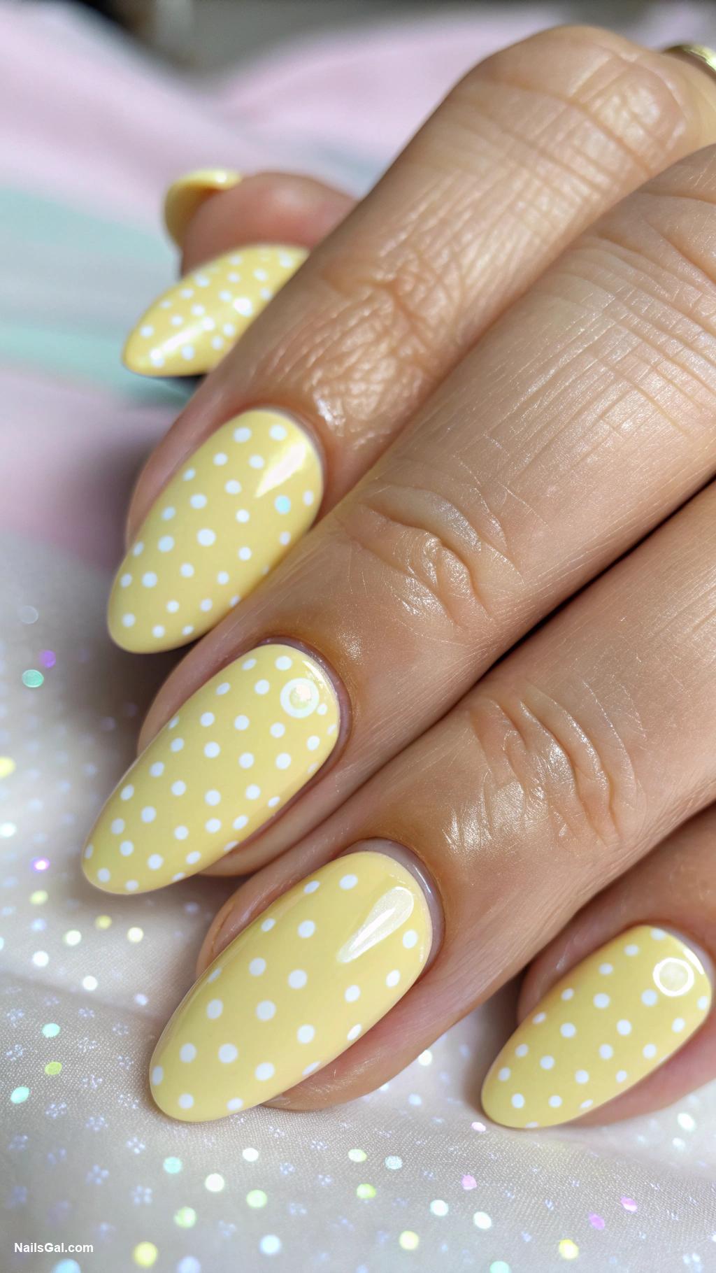 yellow nails Polka dots on soft pastel yellow