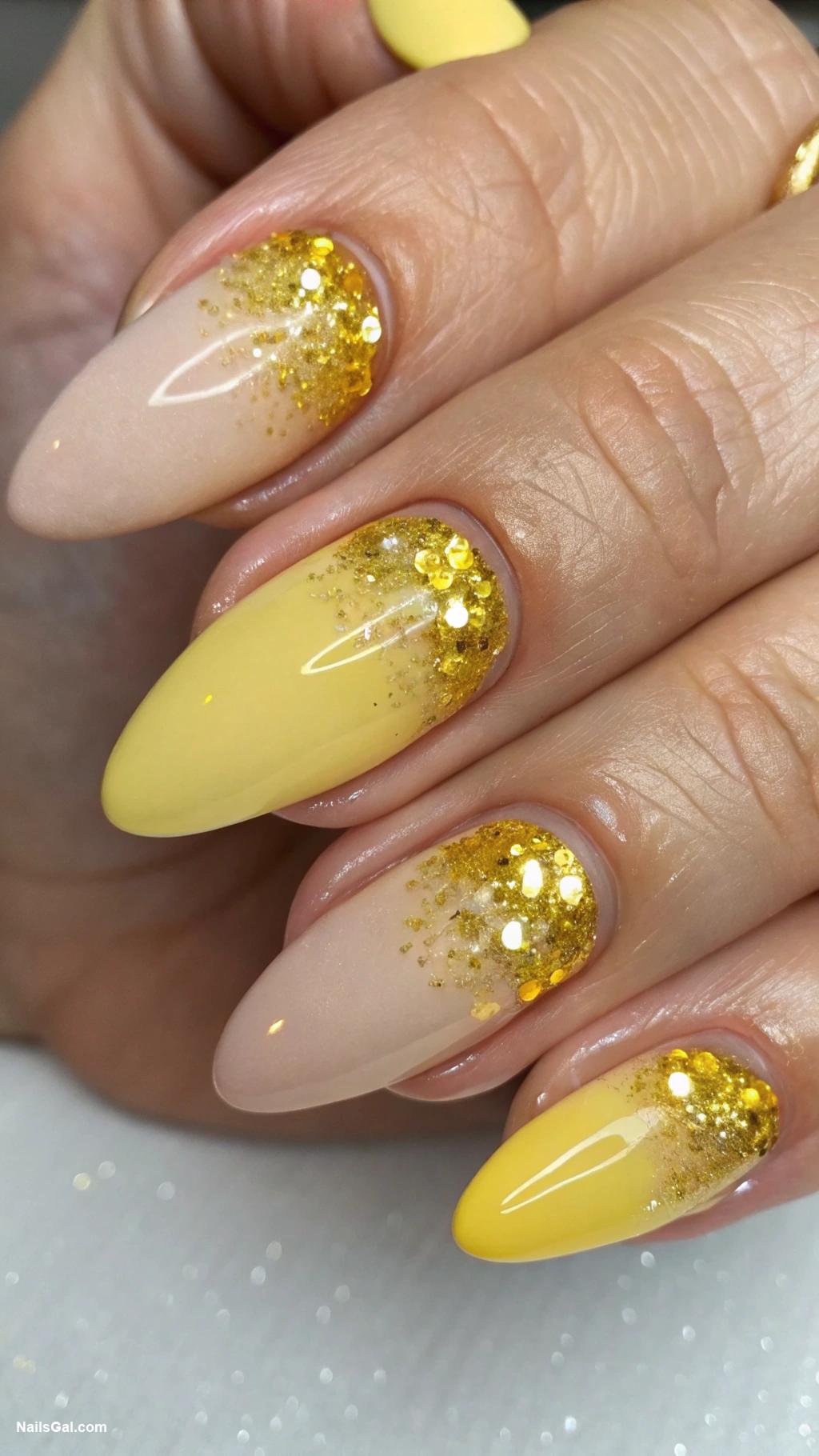 yellow nails Yellow and gold glitter fade