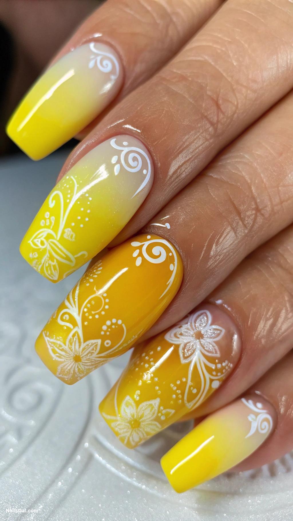 yellow nails Yellow ombre with white accents