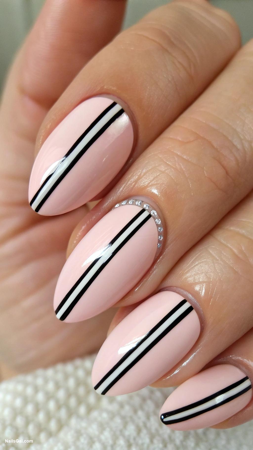 50s nail art Black and white striped tips
