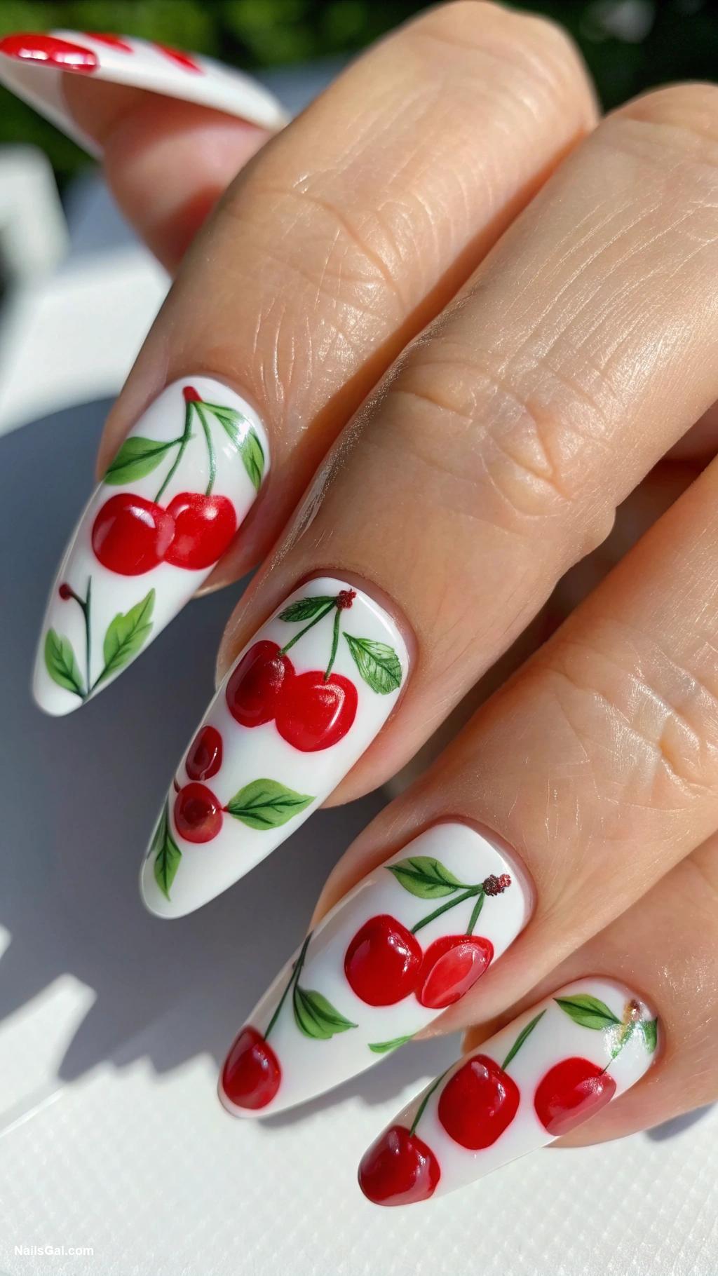 50s nail art Cherry patterns on white base