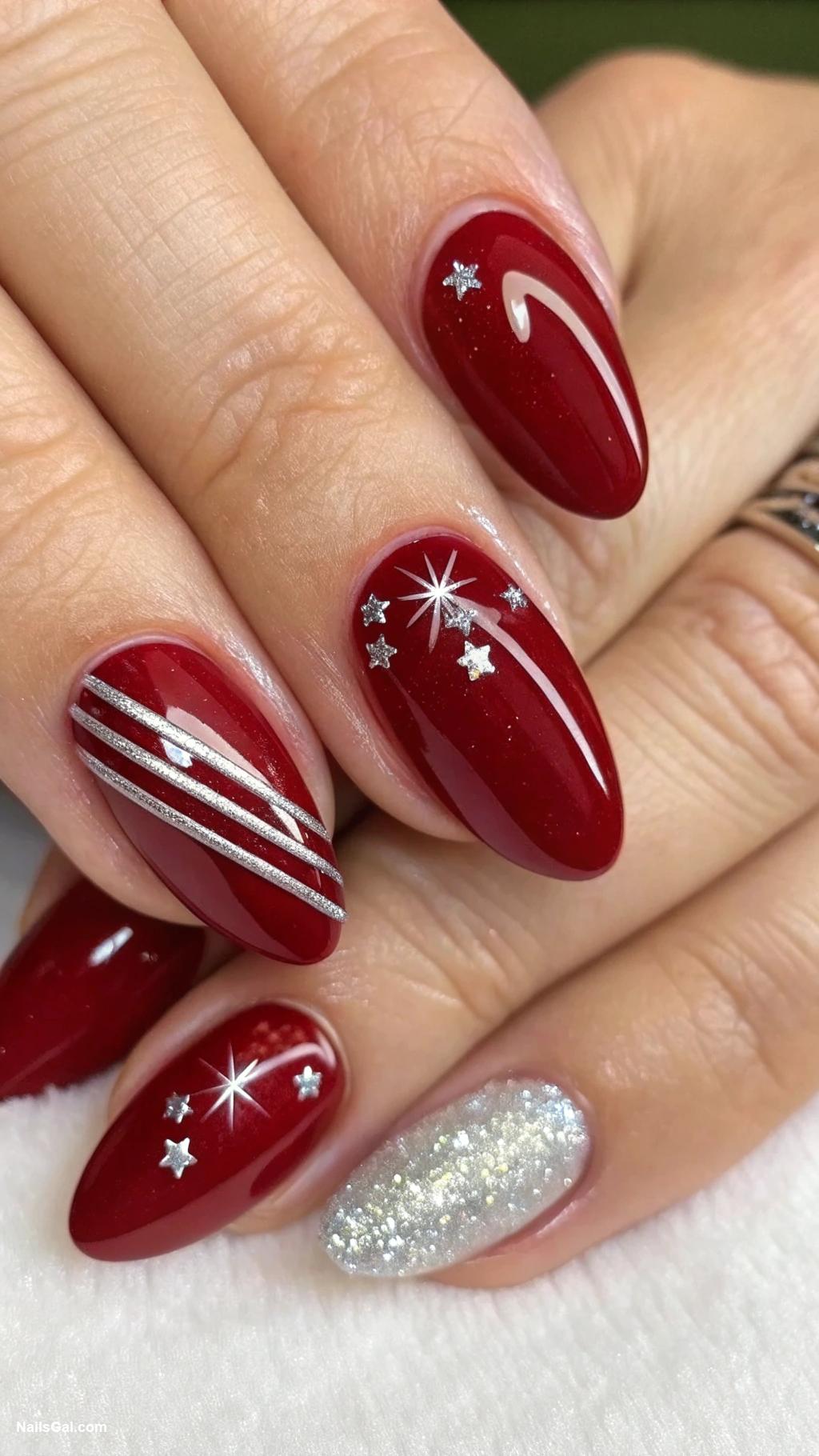 50s nail art Classic red with silver accents