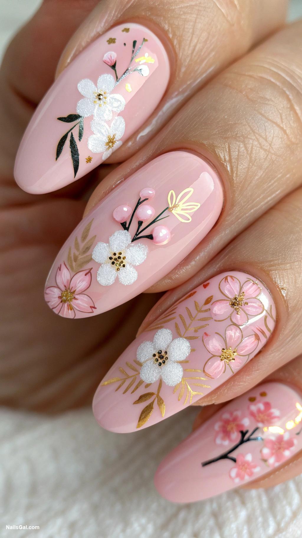 50s nail art Floral designs with soft pinks