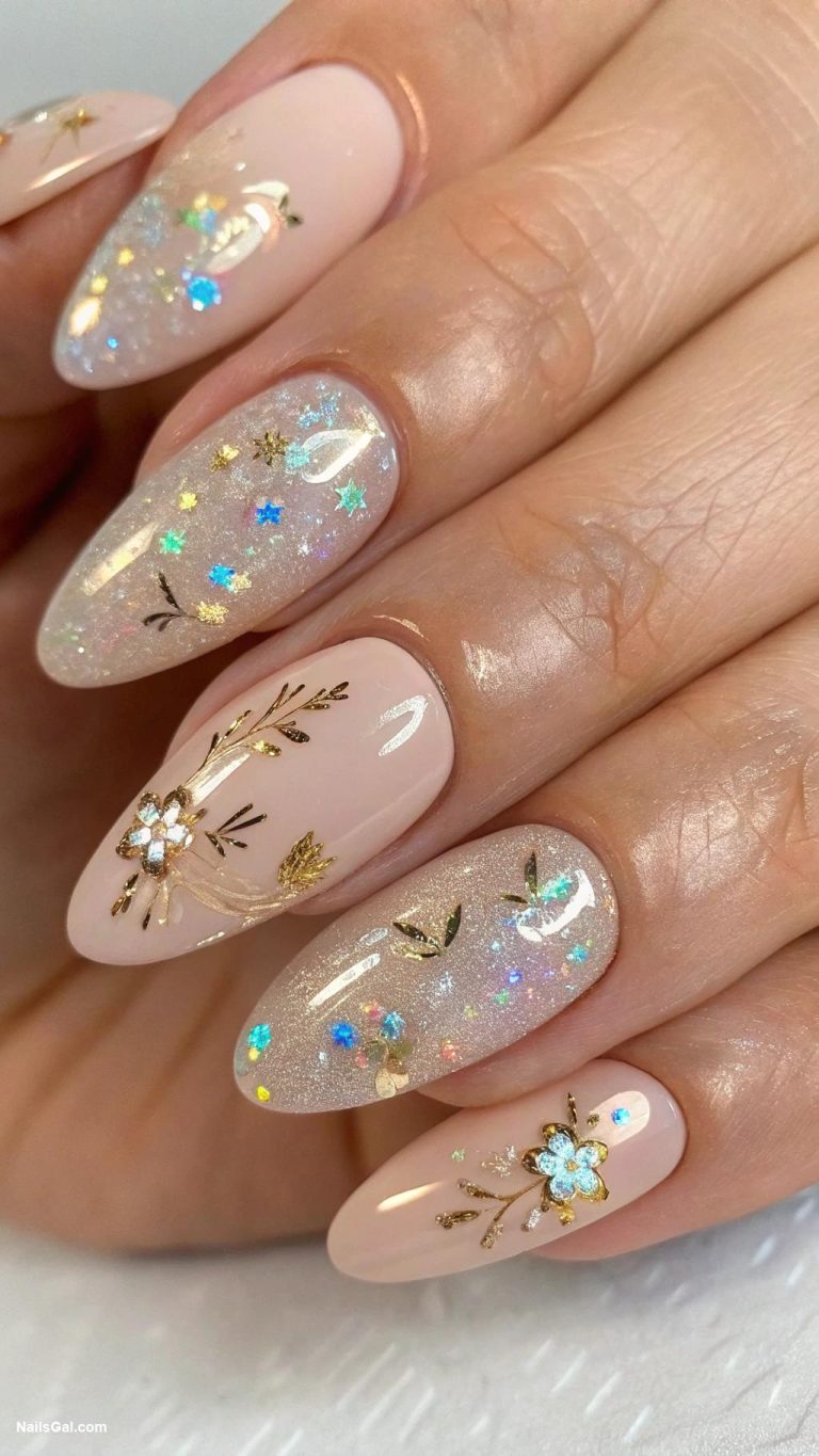 50s nail art Iridescent glitter on nude base