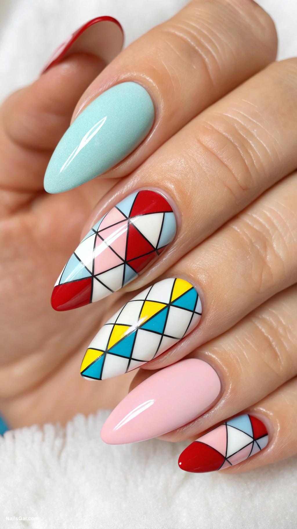 50s nail art Retro geometric shapes in bold colors