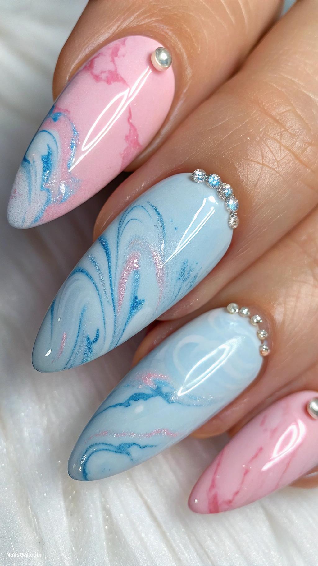 baby blue nails Baby blue and soft pink marbling