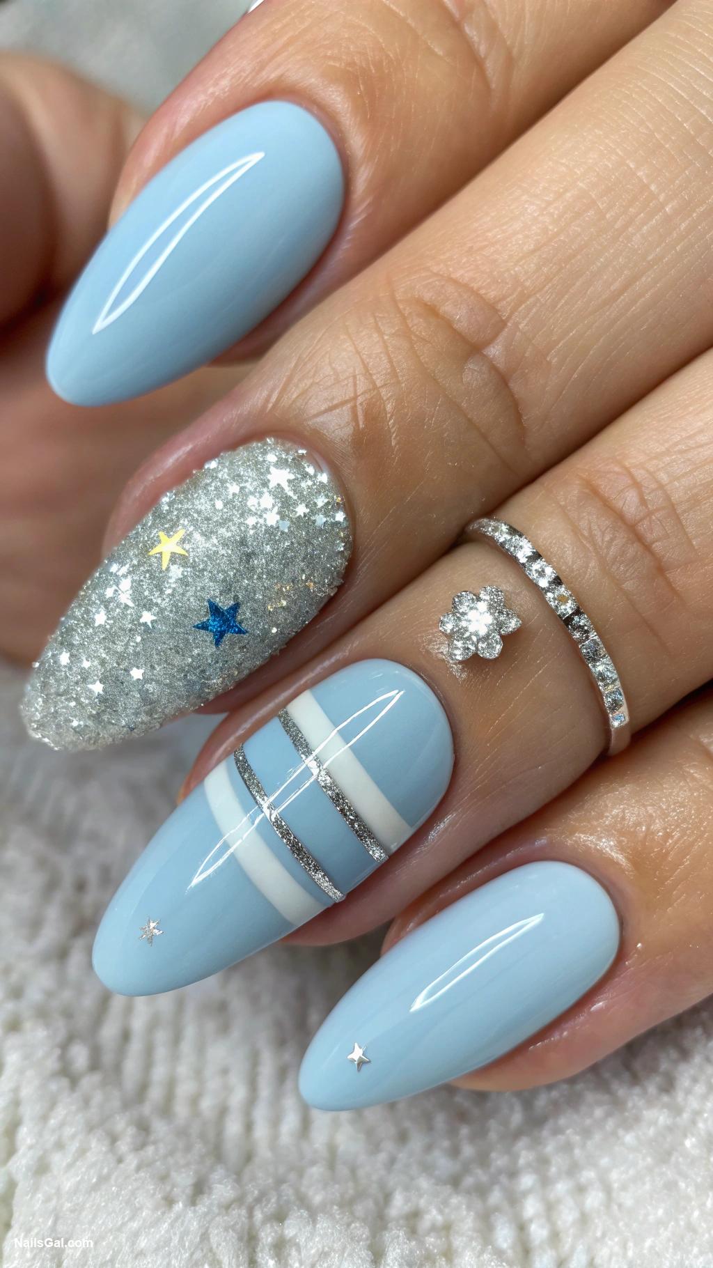baby blue nails Baby blue with silver glitter accents