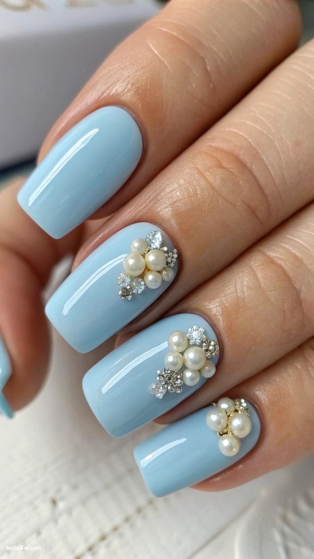 baby blue nails Baby blue with tiny pearl embellishments