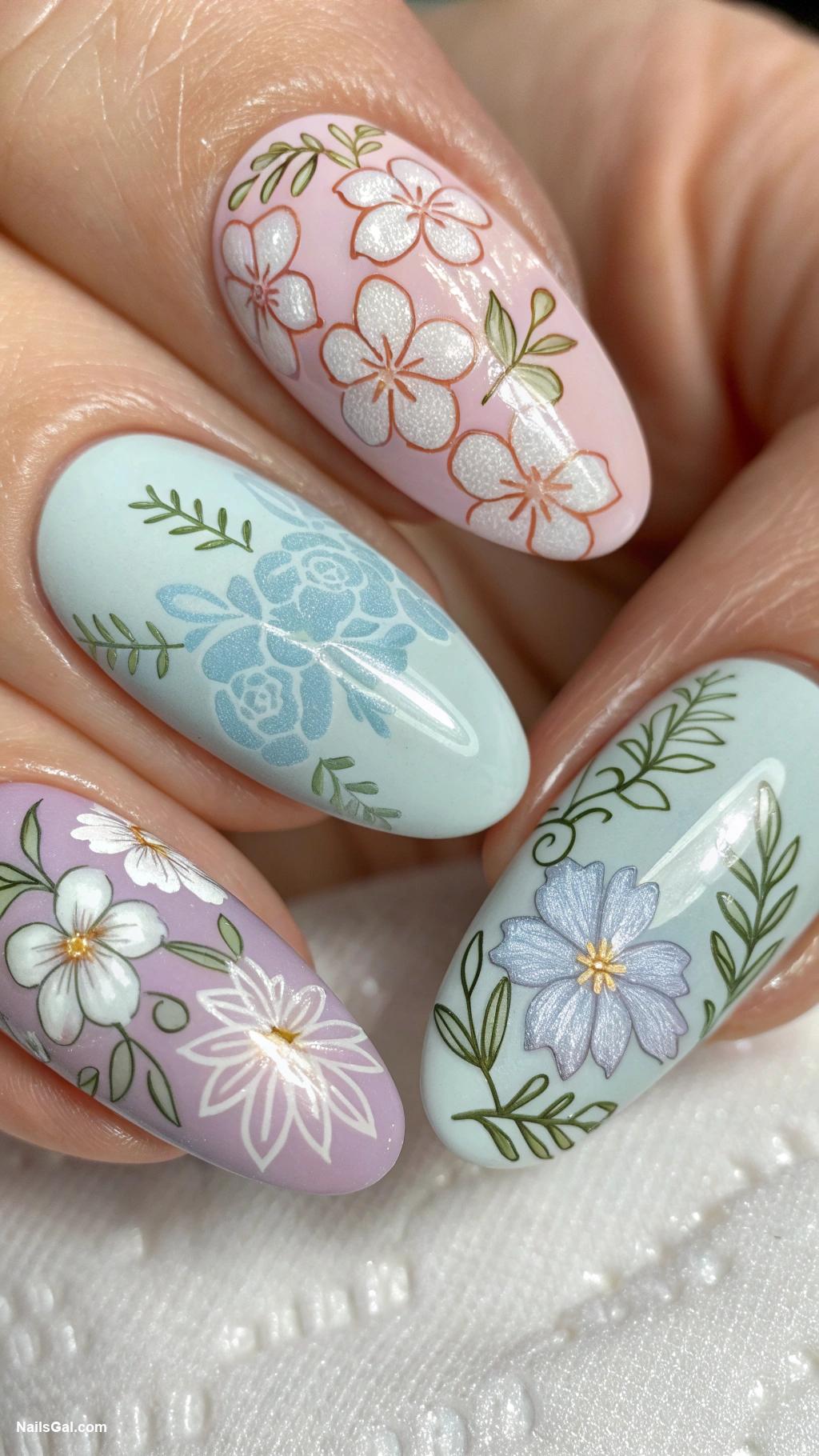 baby blue nails Floral patterns on baby blue base