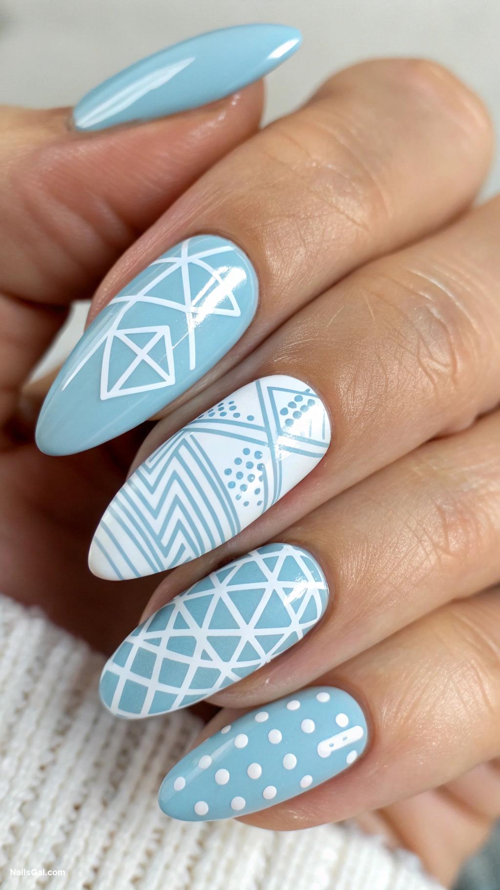 baby blue nails Geometric designs in baby blue and white