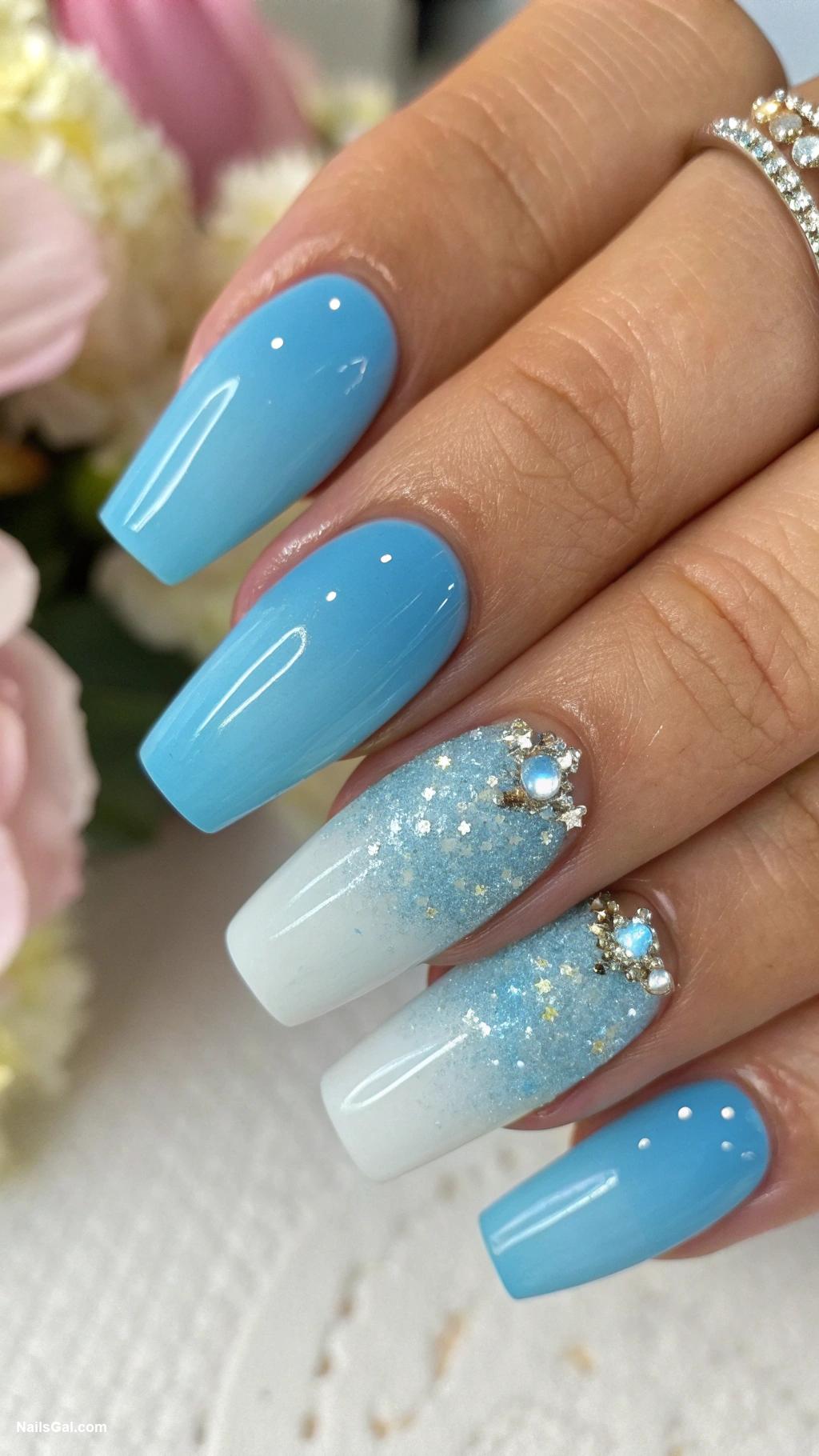 baby blue nails Gradient baby blue with sparkly overlay