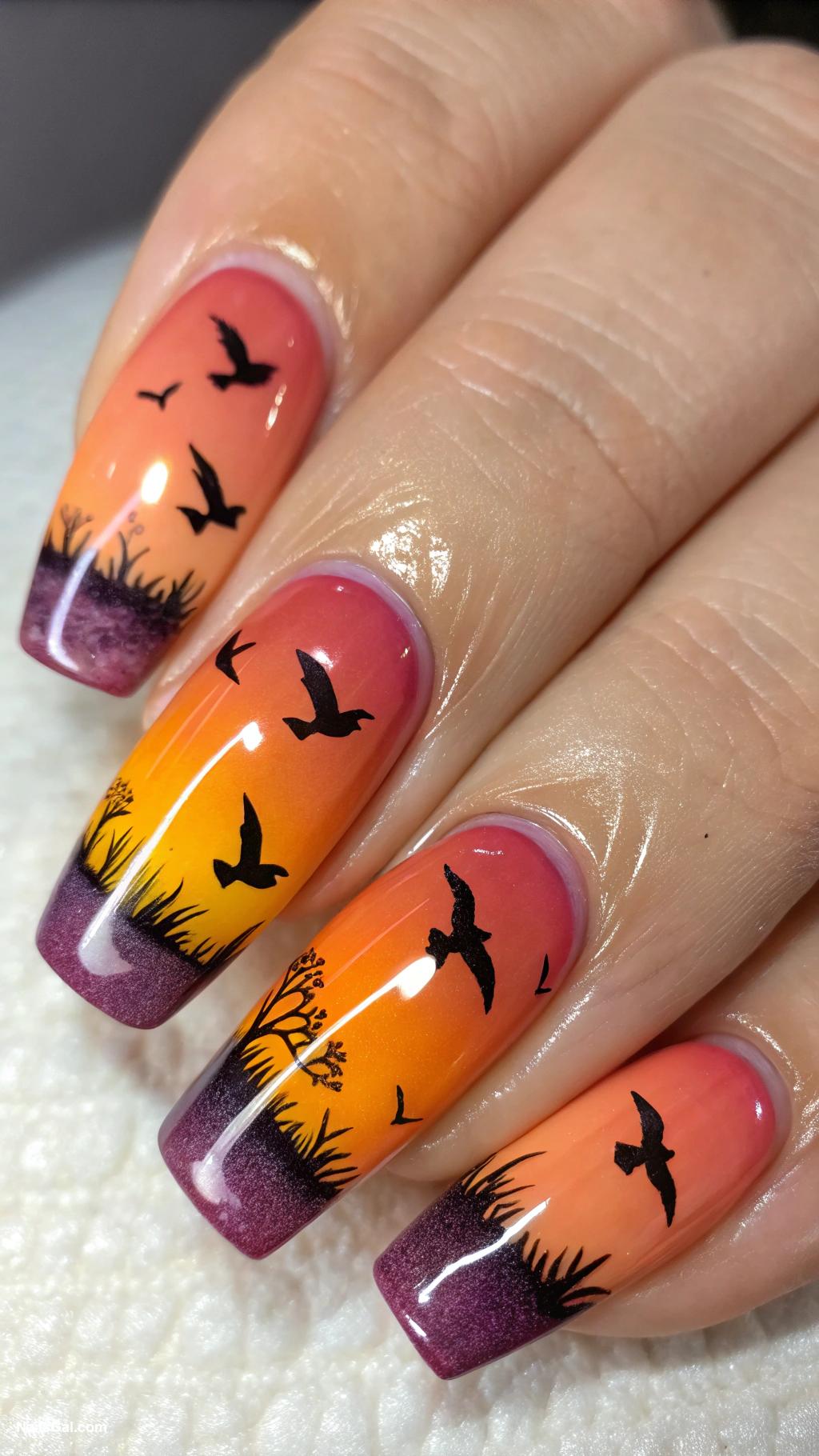 bird nails Bird silhouettes at sunset gradient