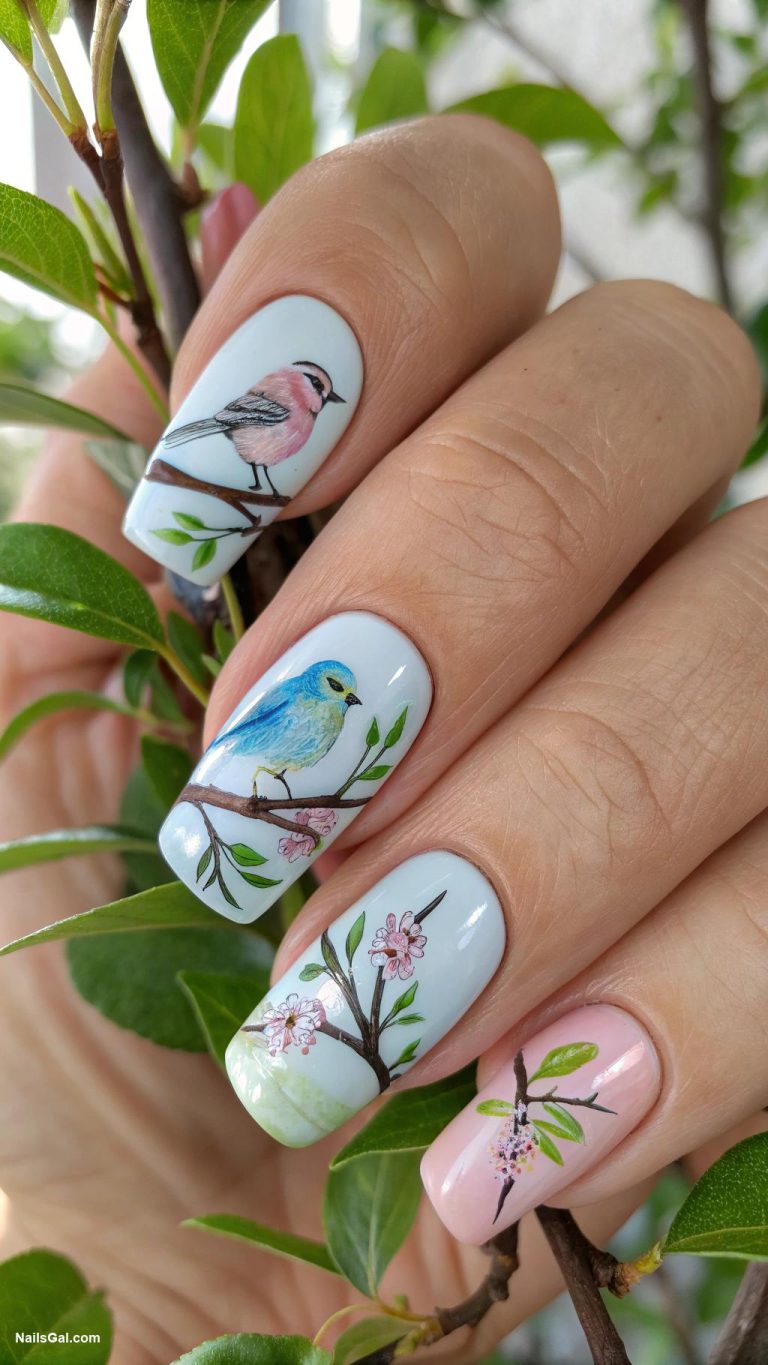 bird nails Birds nestled in tree branches design