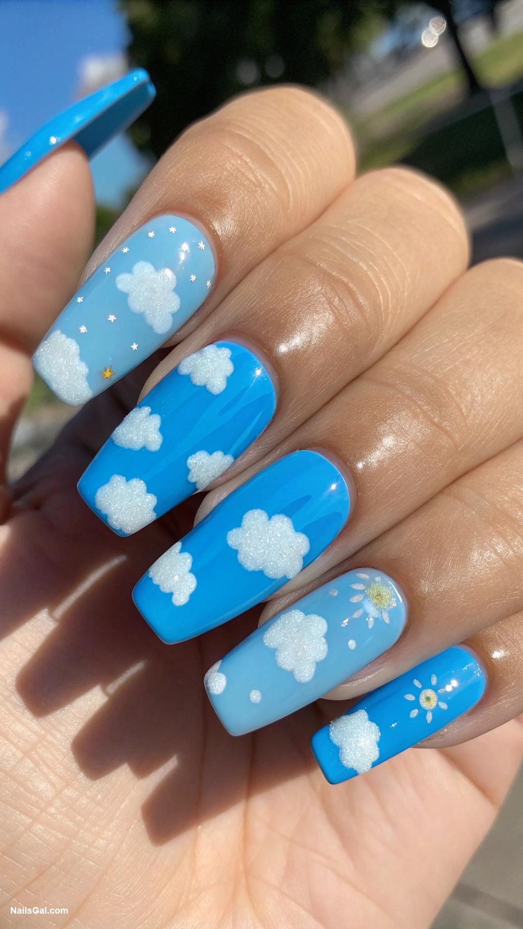bird nails Bright blue sky with white cloud accents