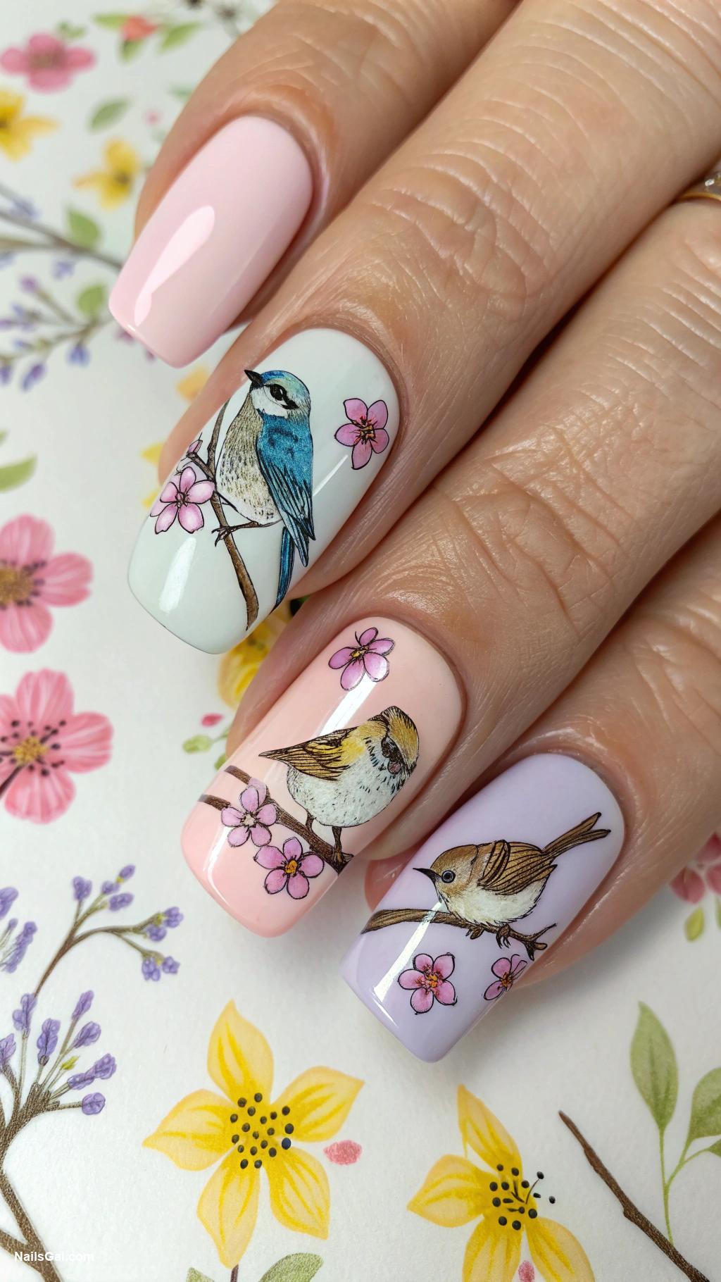 bird nails Chirping birds on floral backgrounds