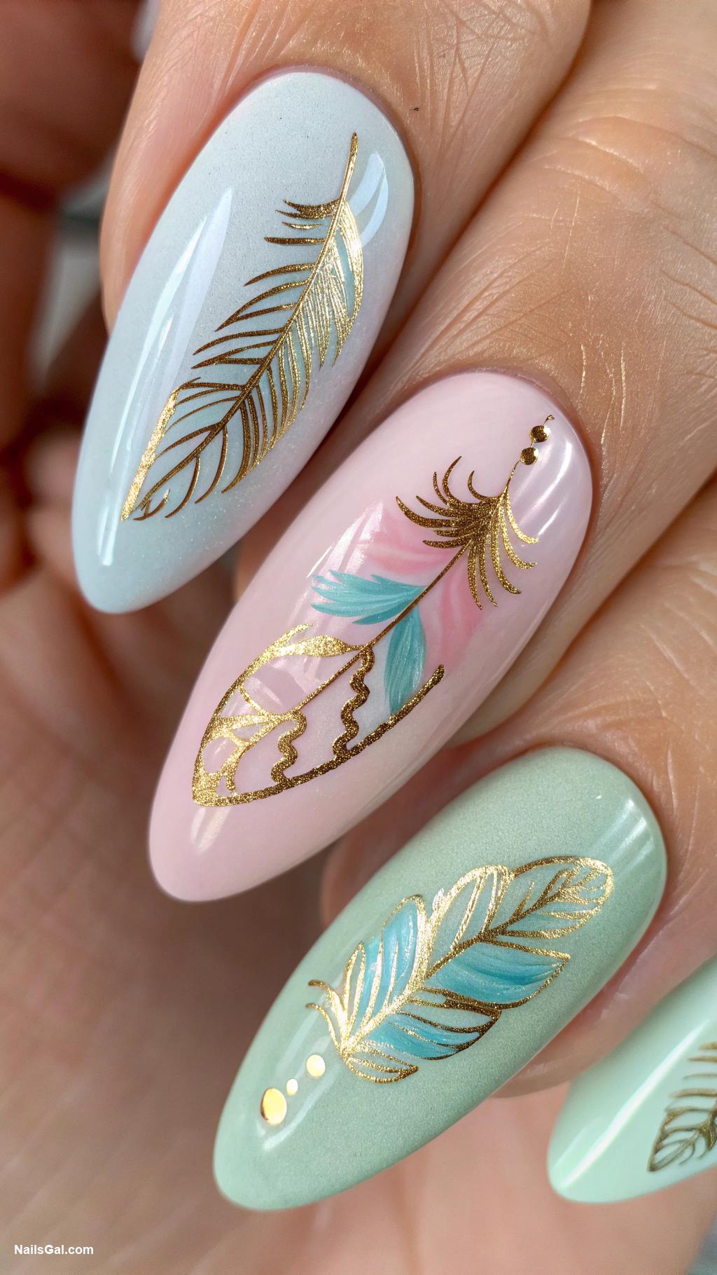 bird nails Delicate feathers in pastel colors