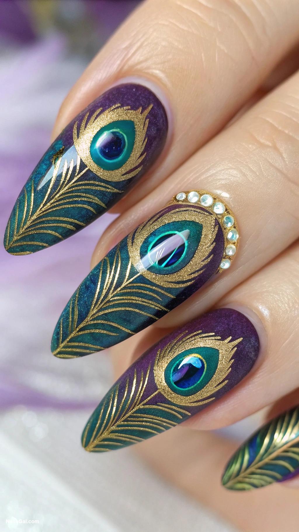 bird nails Elegant peacock feathers in jewel tones