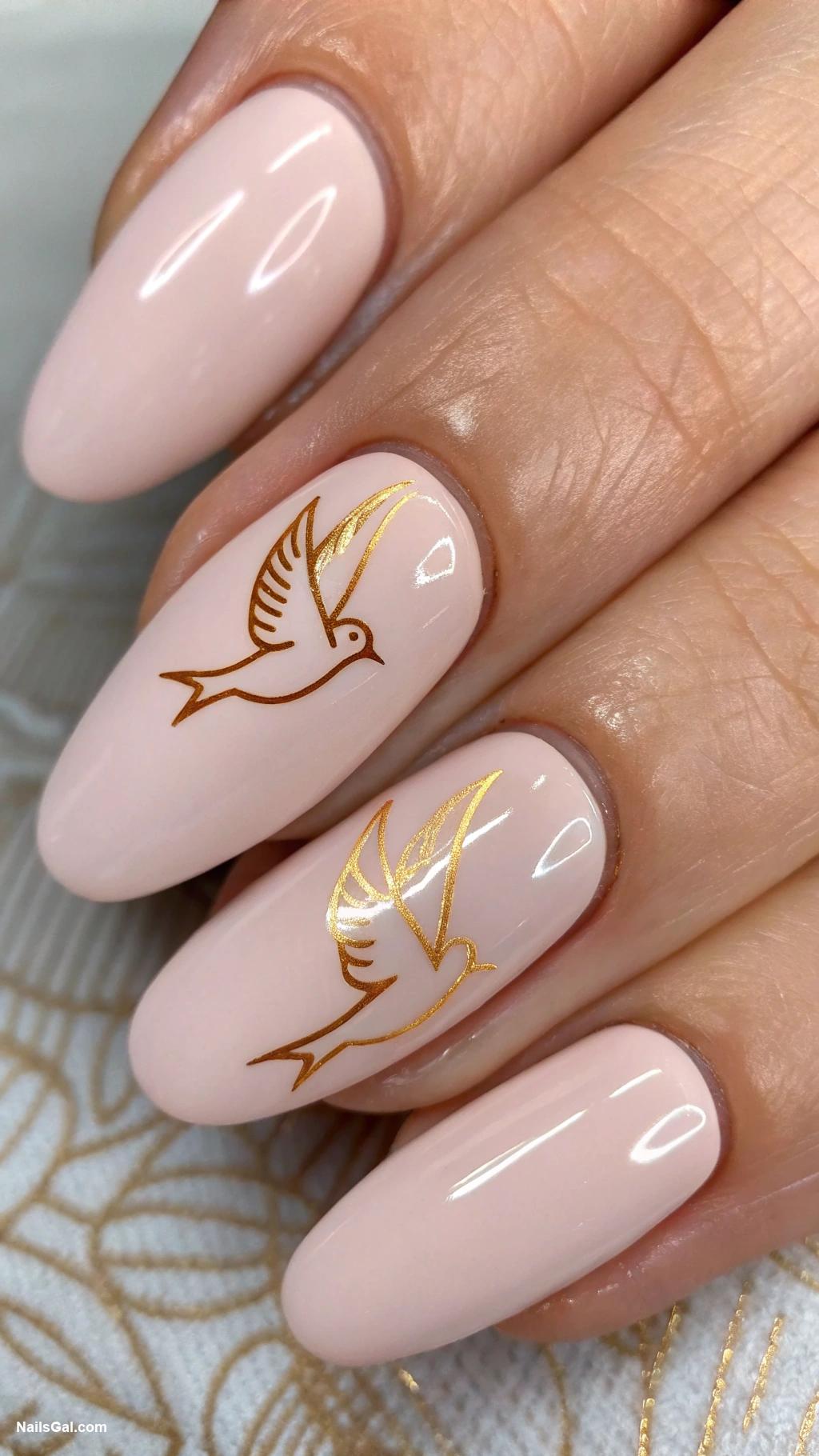 bird nails Minimalist gold bird outline on nude