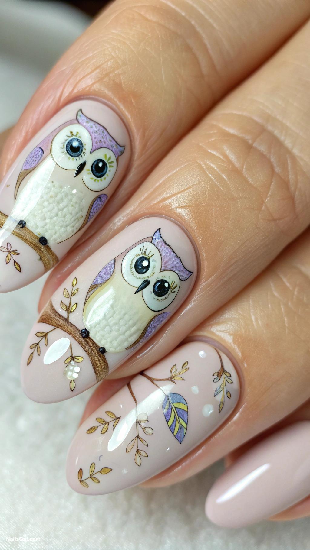bird nails Owls with big eyes on muted base