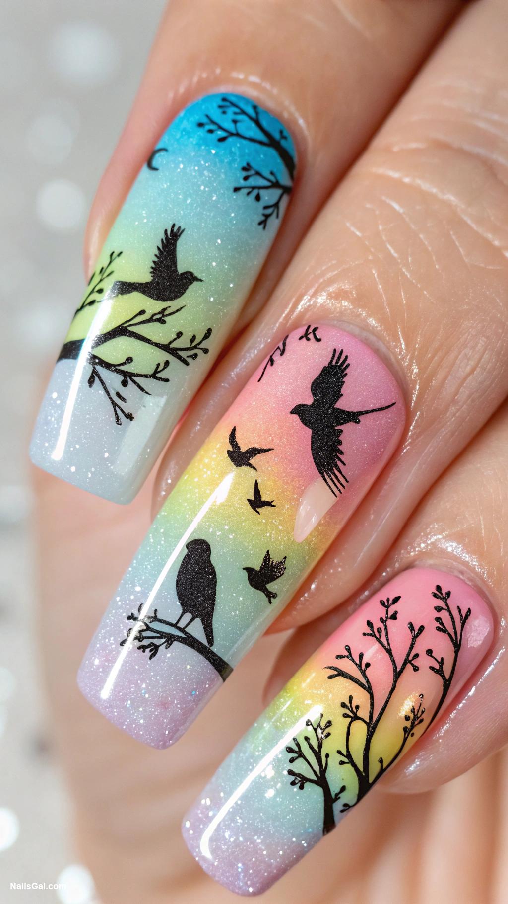 bird nails Rainbow bird designs on glossy nails