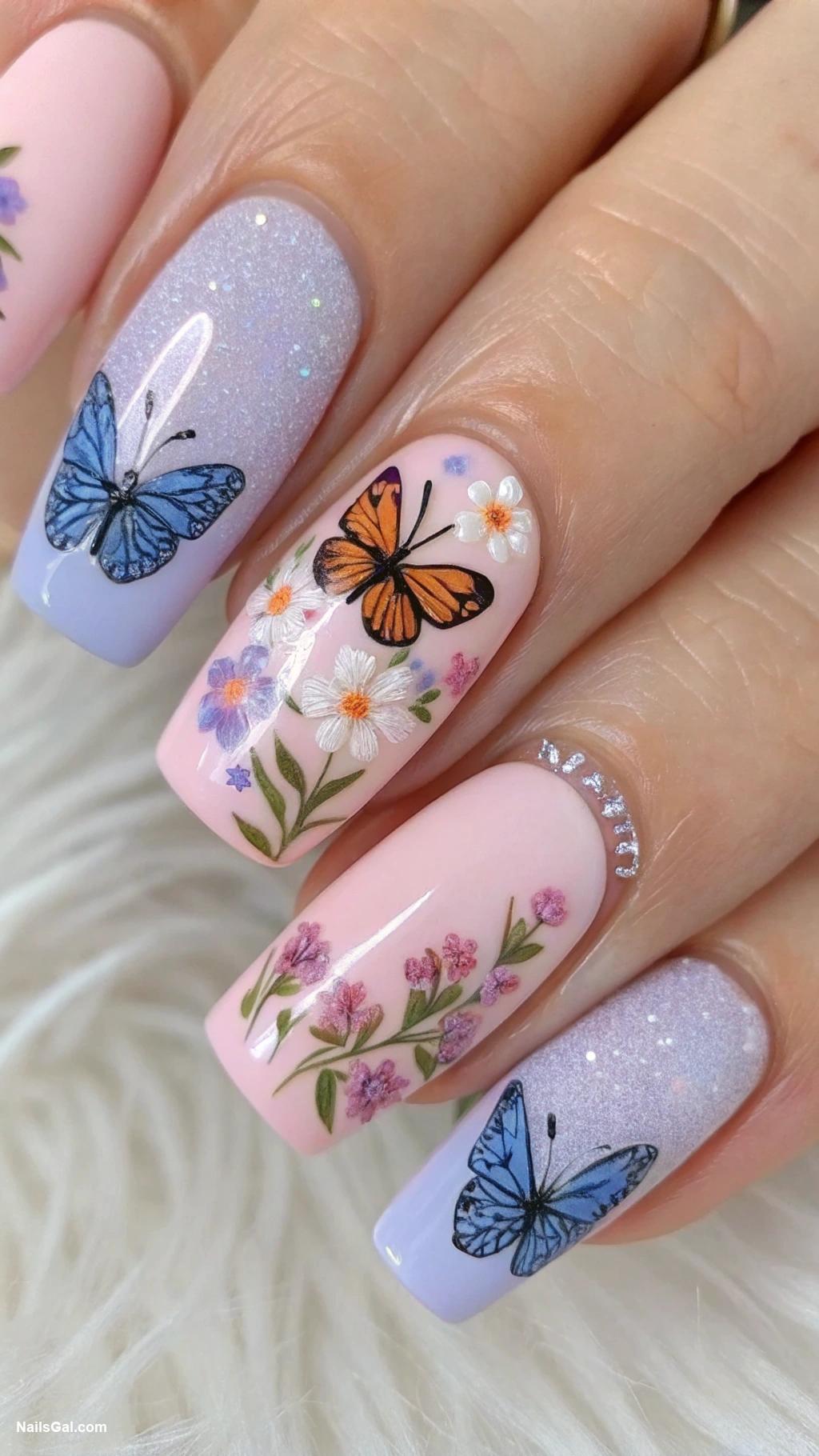 butterfly nails Floral and butterfly combo design