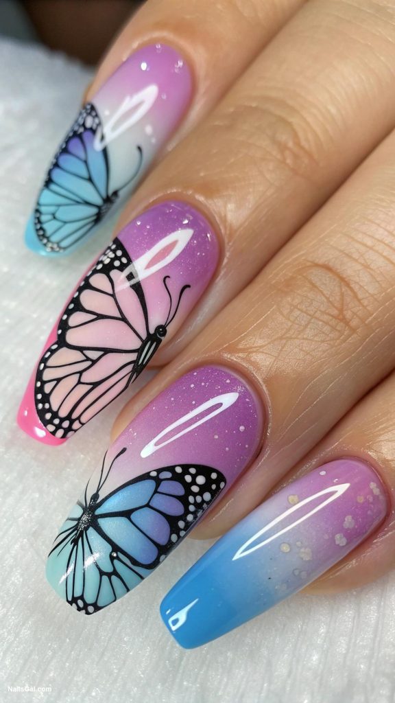 butterfly nails Gradient butterfly wings on each nail