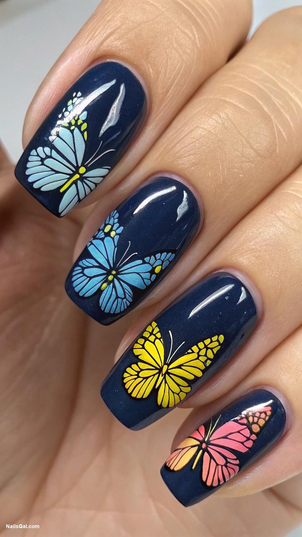 butterfly nails Hand painted butterflies on dark polish