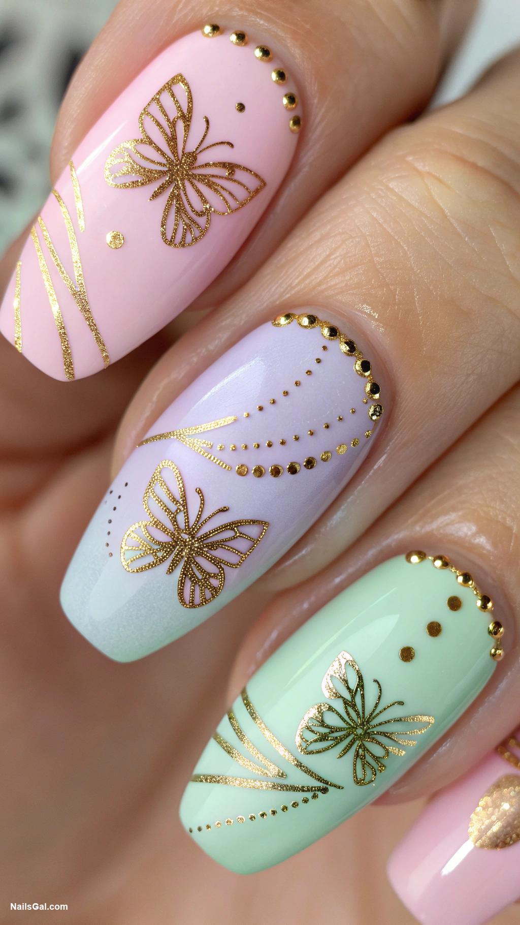 butterfly nails Pastel colors with gold accents