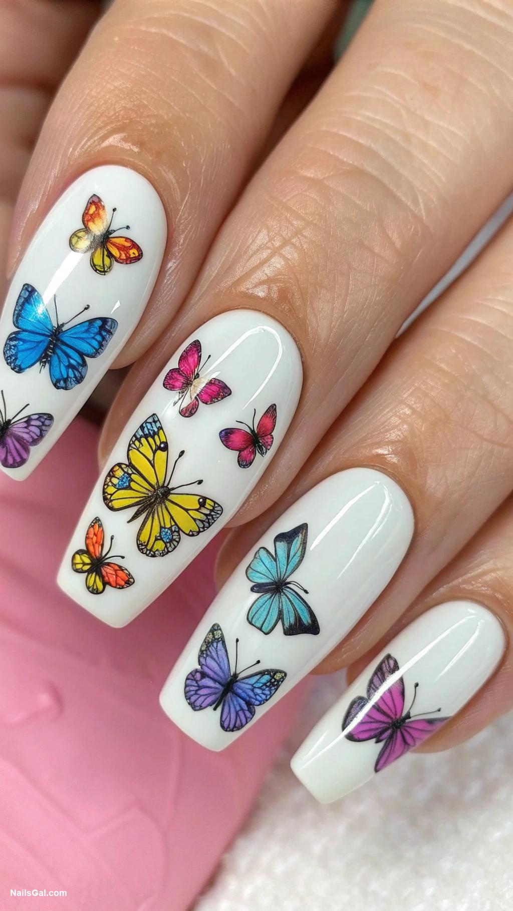 butterfly nails White base with colorful butterfly decals