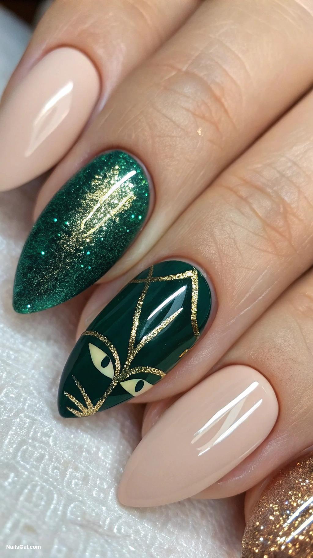 cat nails Glittery cat eyes on accent nails
