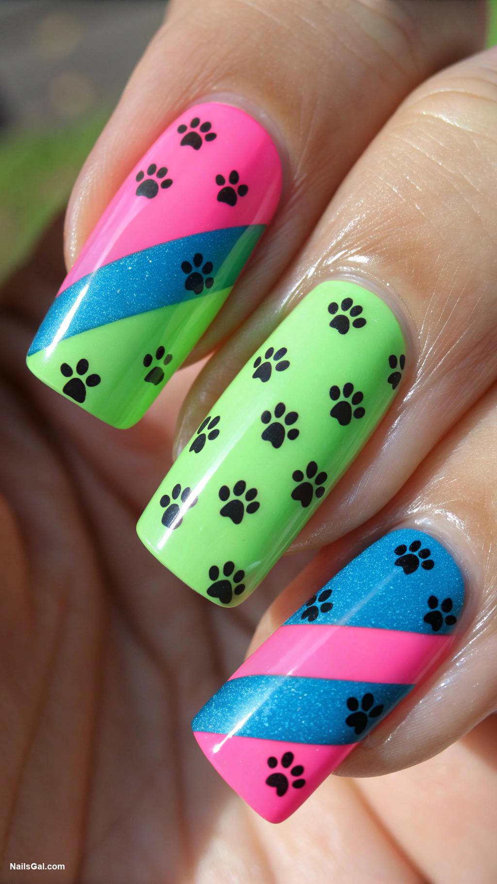 cat nails Neon stripes with tiny paw motifs