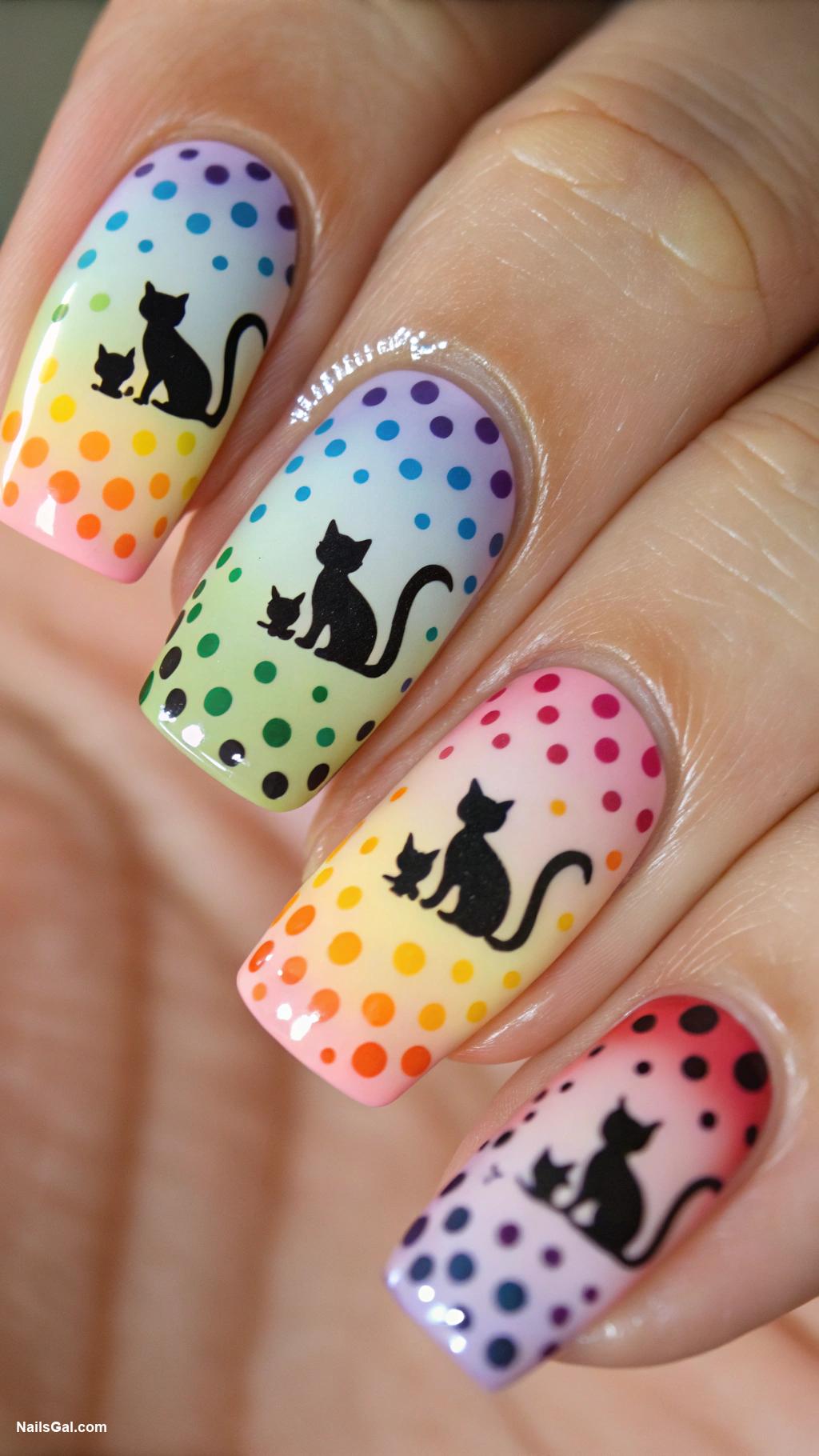 cat nails Rainbow polka dots with cat outlines
