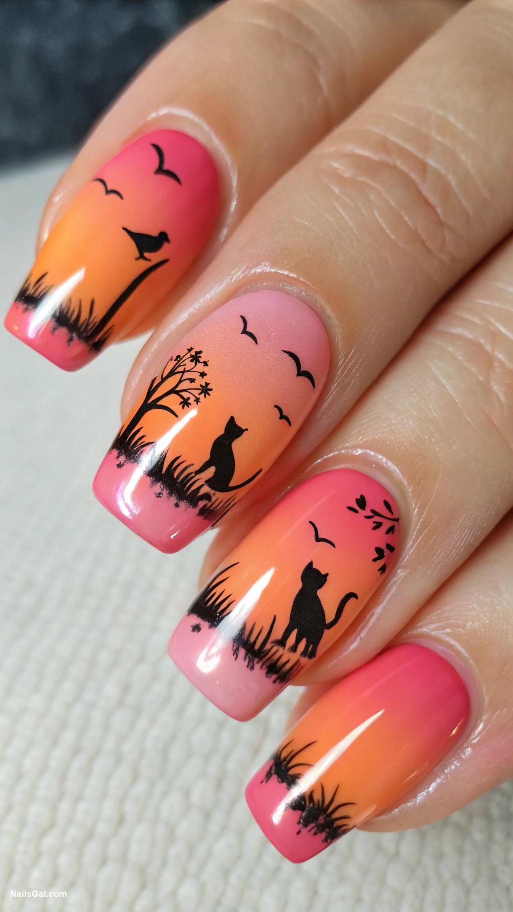 cat nails Silhouette cats against a sunset gradient