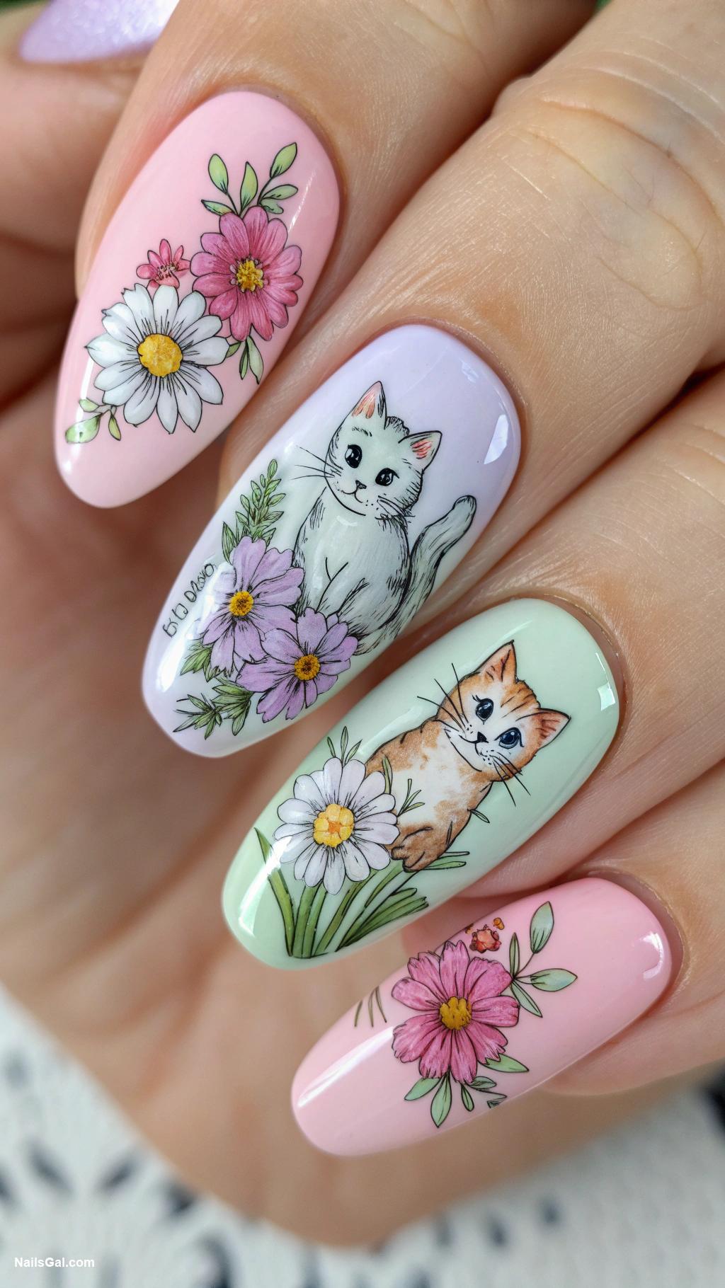 cat nails Watercolor style cats with flowers