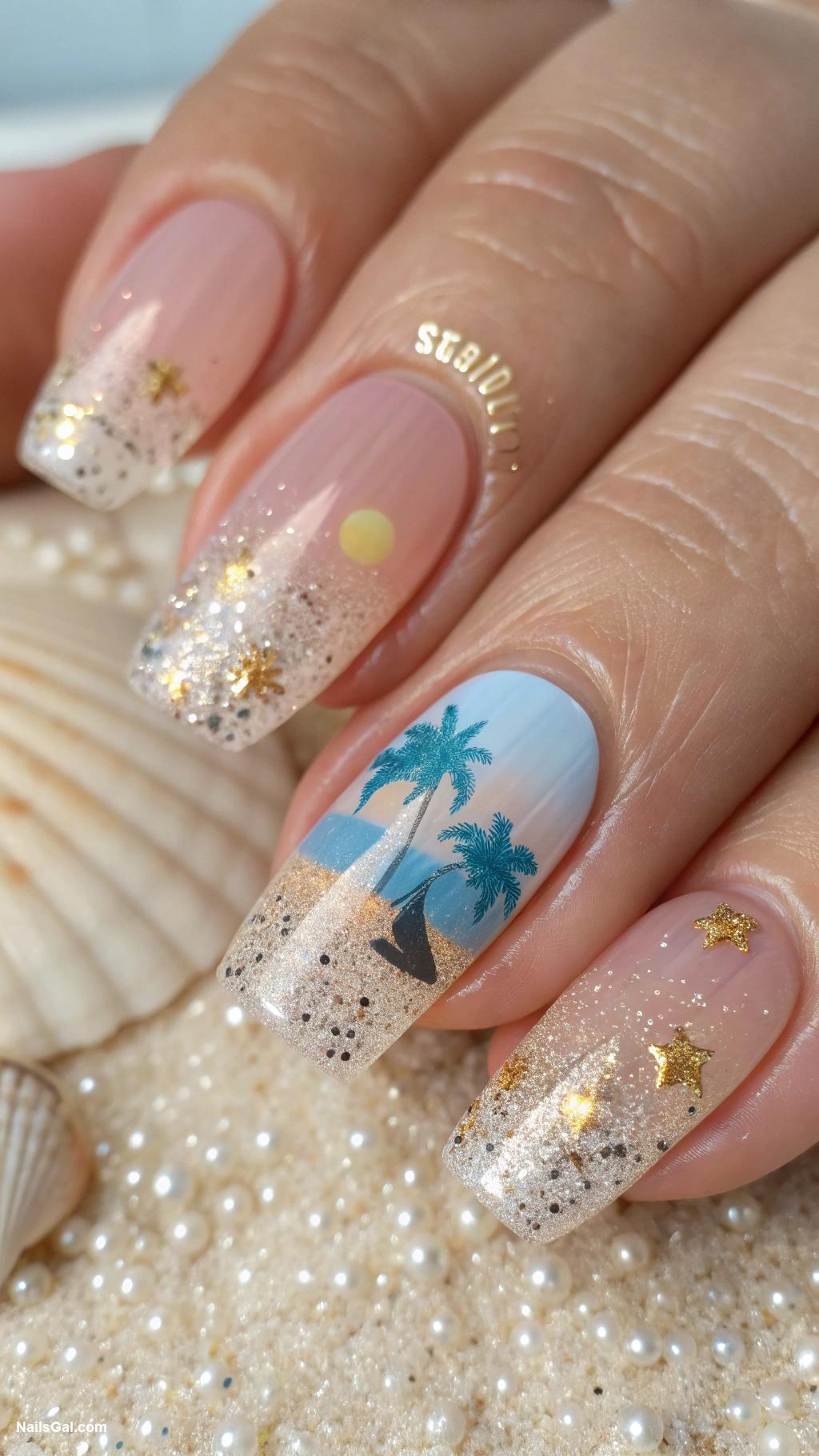 coastal granddaughter nails Clear base with sand and glitter