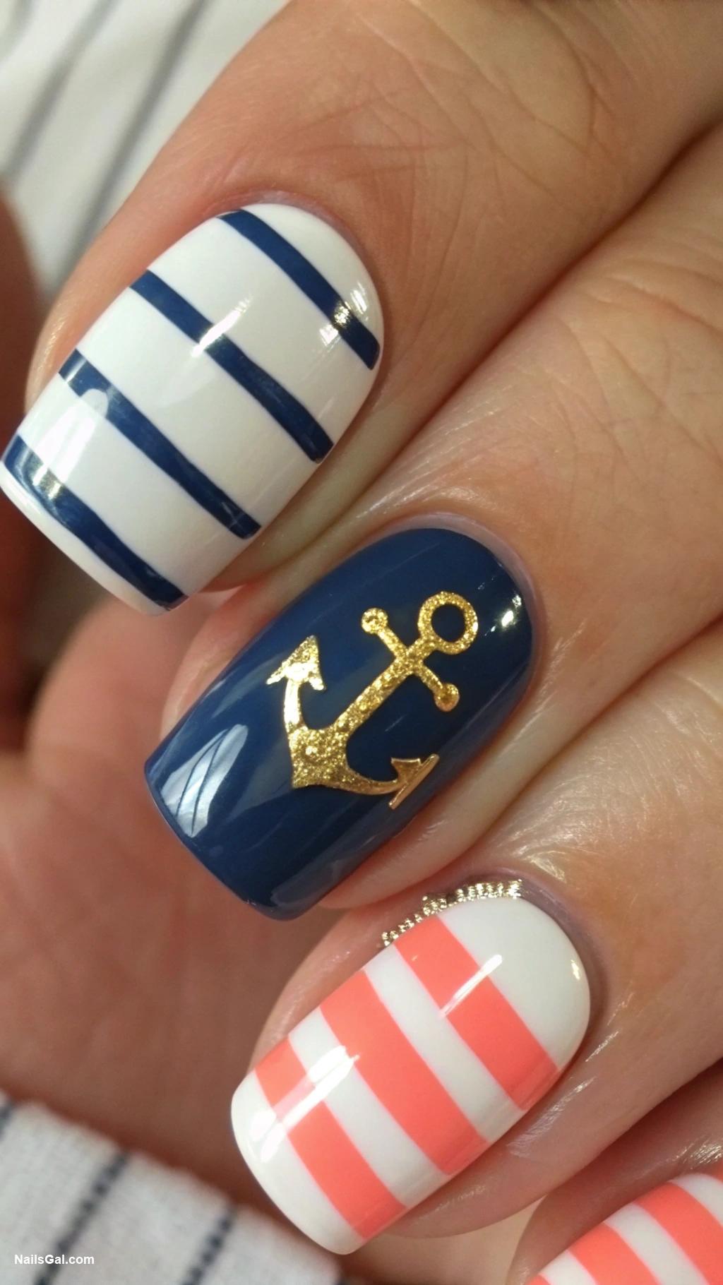 coastal granddaughter nails Nautical stripes with anchor designs