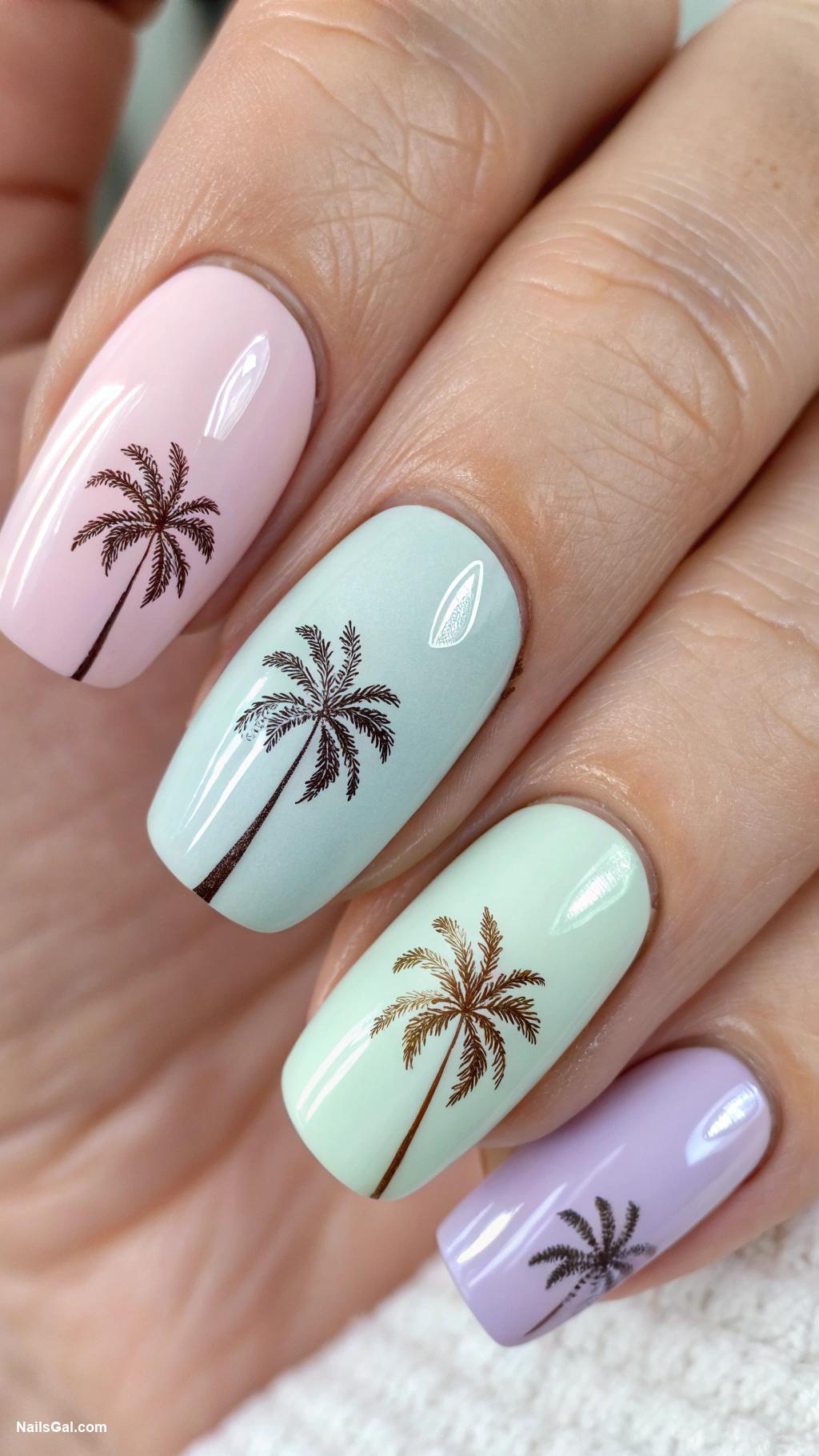 coastal granddaughter nails Palm tree silhouettes on pastel background