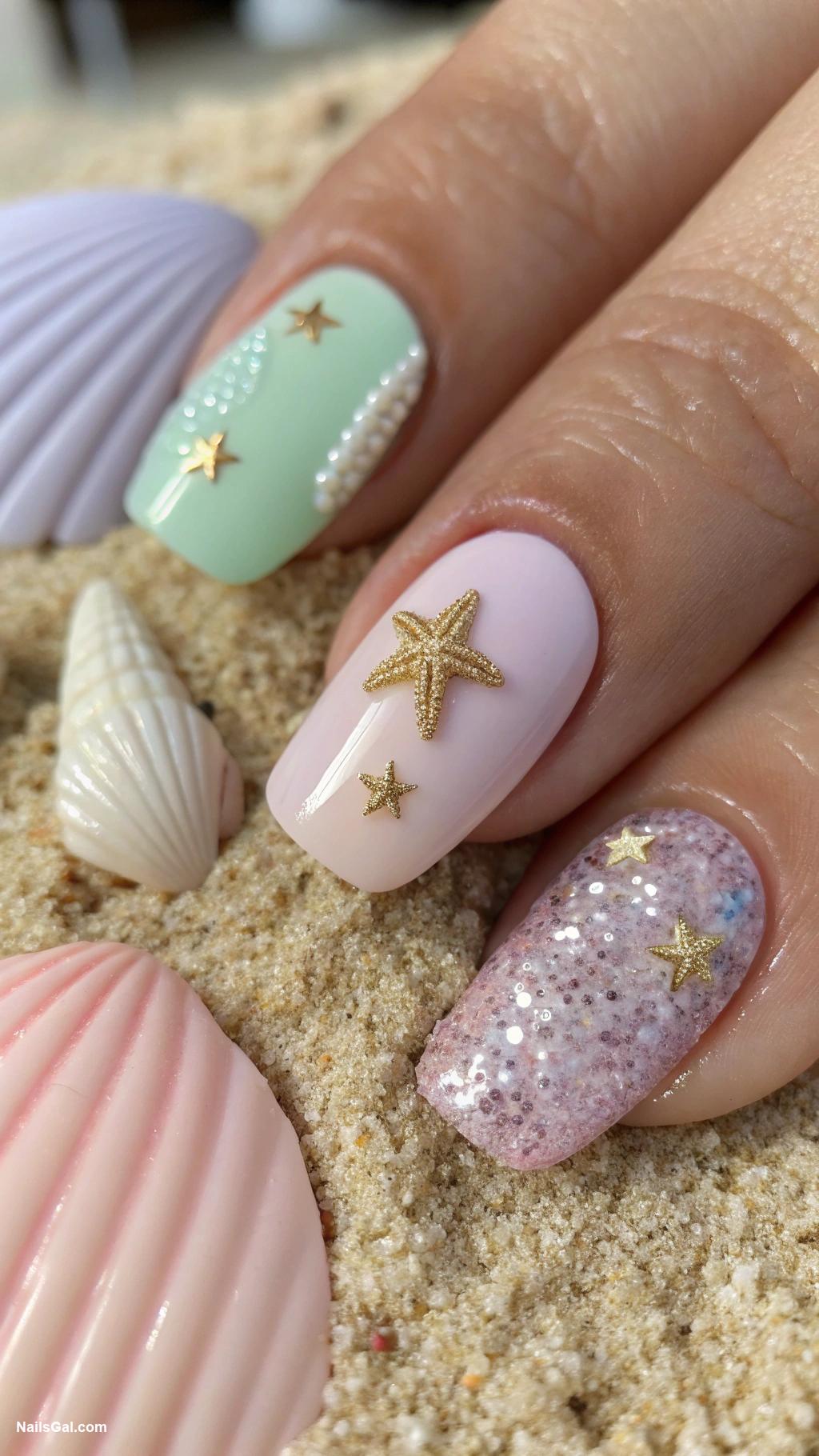 coastal granddaughter nails Sandy beach texture with seashell accents