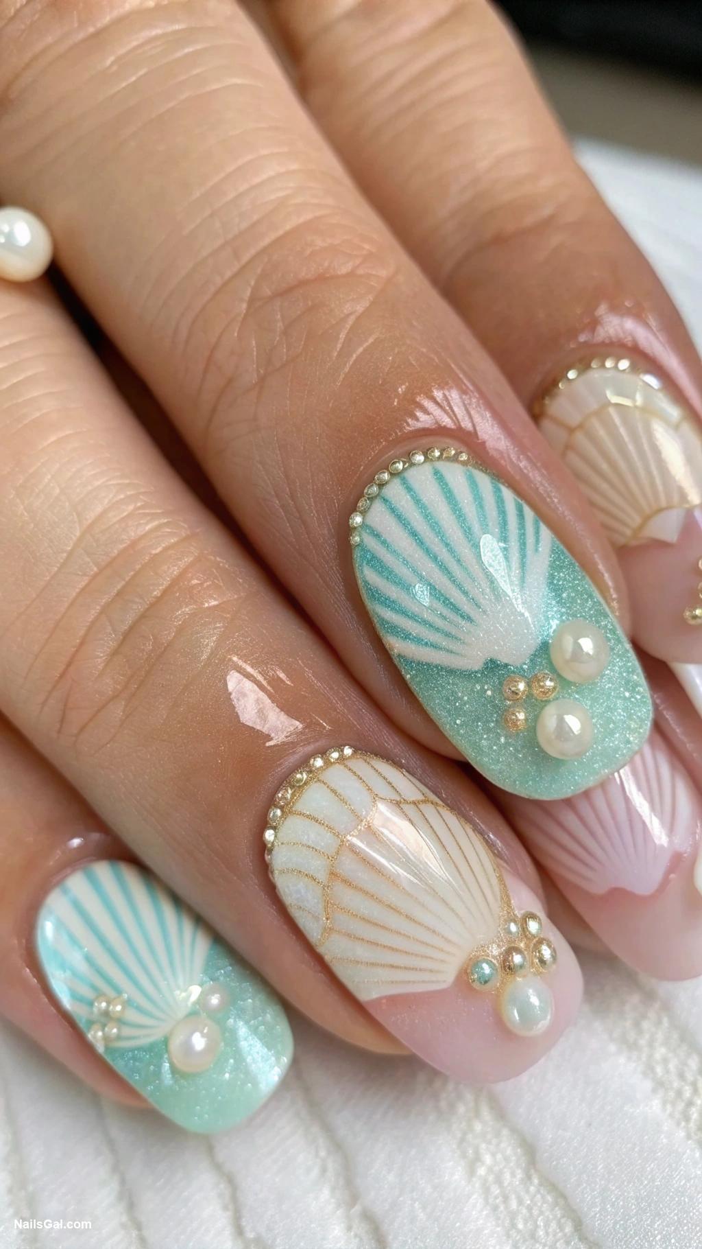 coastal granddaughter nails Shell prints with pearl embellishments