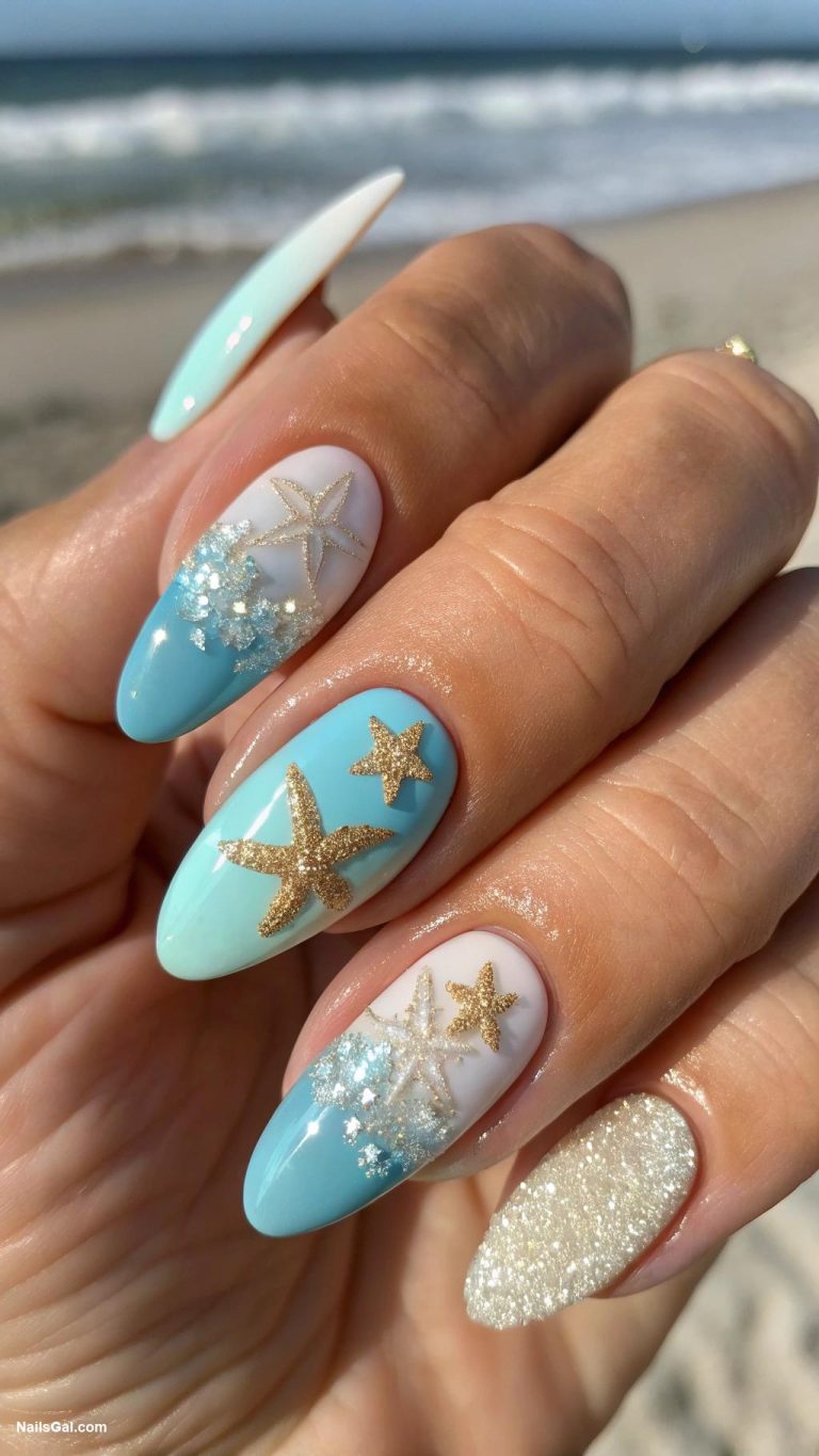coastal granddaughter nails Starfish and sea glass decorations
