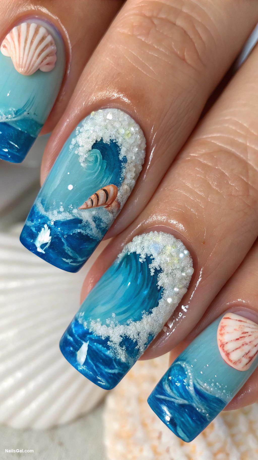 cocktail nails Blue curacao waves with seashells