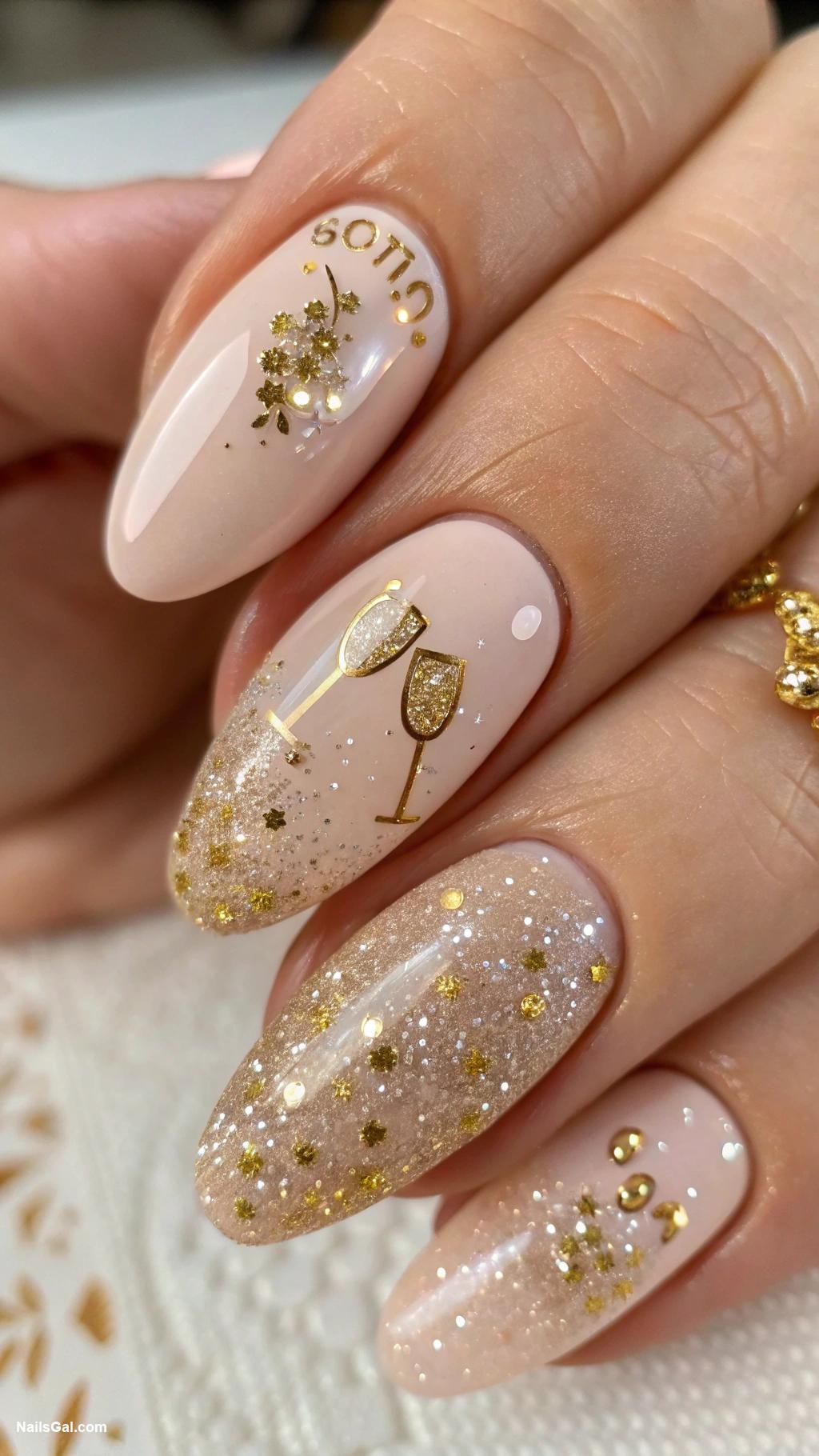 cocktail nails Champagne bubbles with gold sparkles
