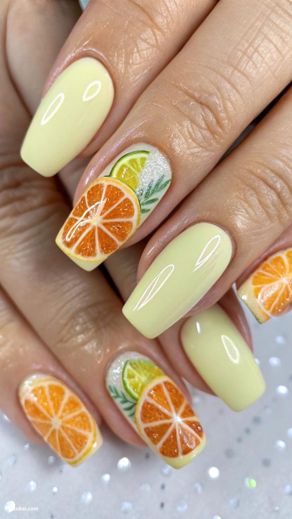 cocktail nails Citrus slice accent nails