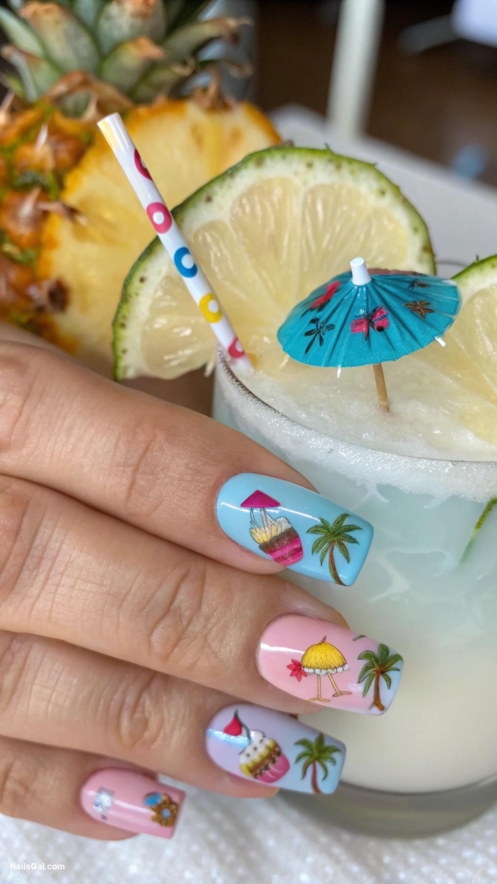 cocktail nails Coconut drink with straw and flowers