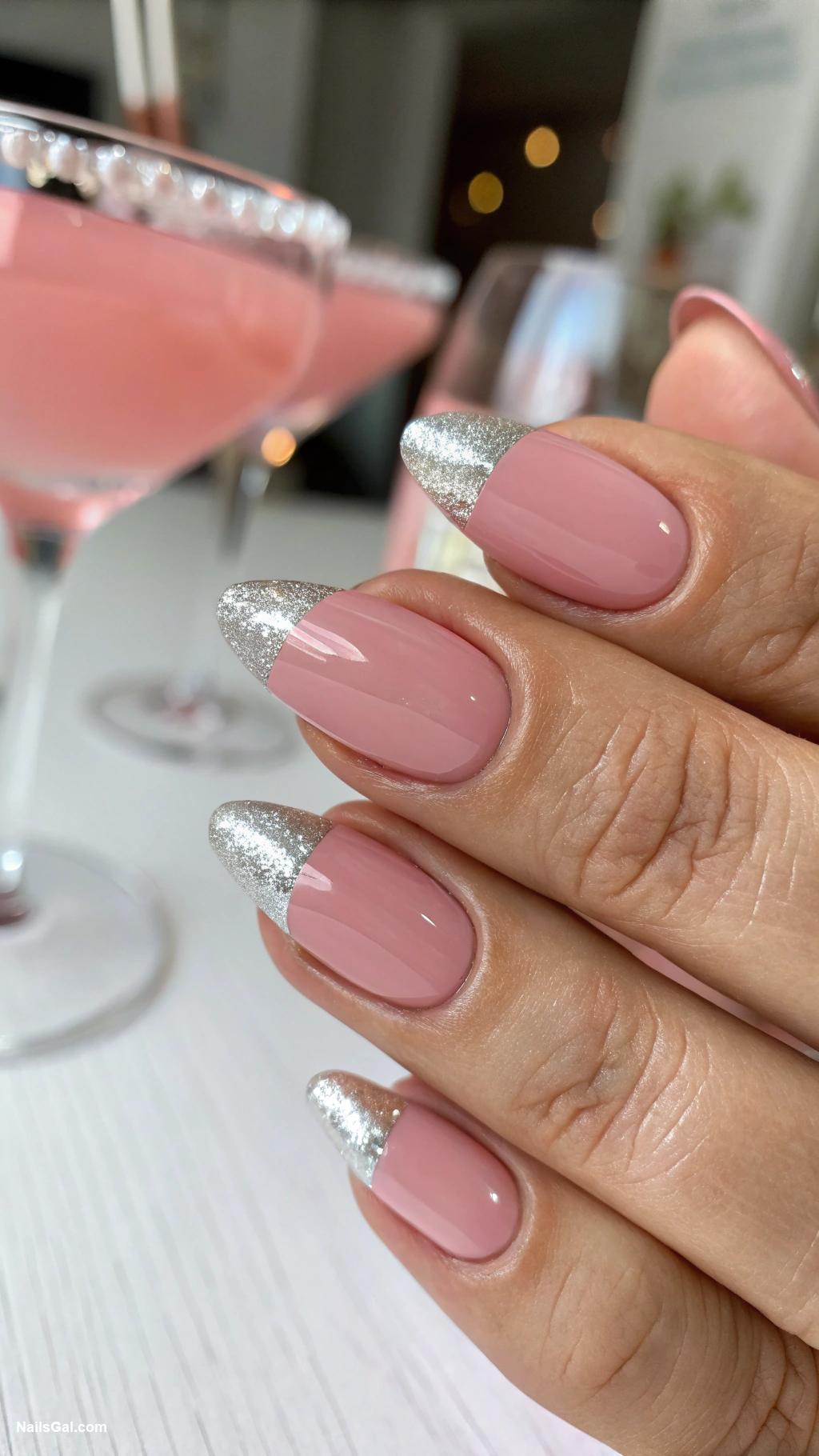 cocktail nails Cosmopolitan pink with silver tips